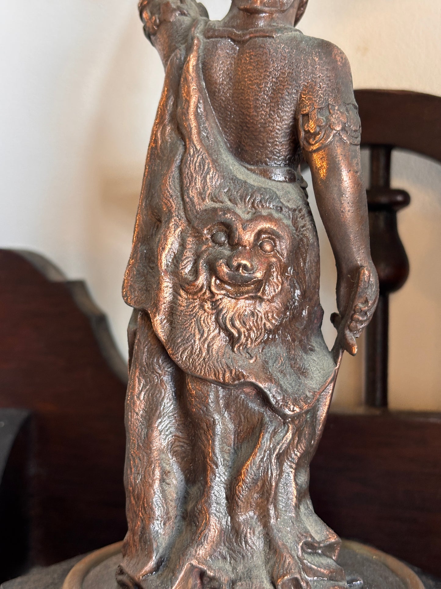 Antique Figural Spelter Oil Lamp c.1900 – Pressed Glass Font, 54 cm