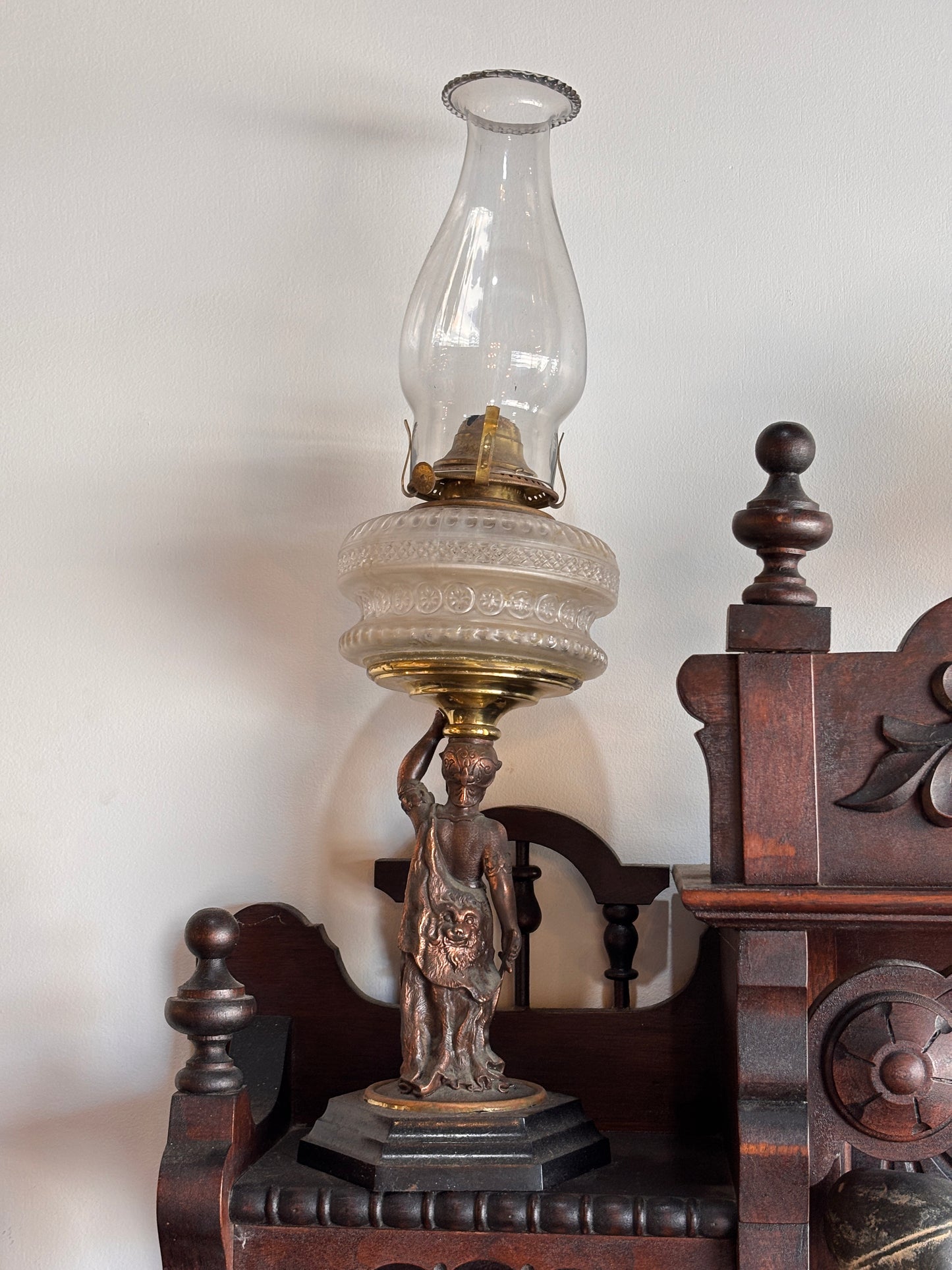 Antique Figural Spelter Oil Lamp c.1900 – Pressed Glass Font, 54 cm