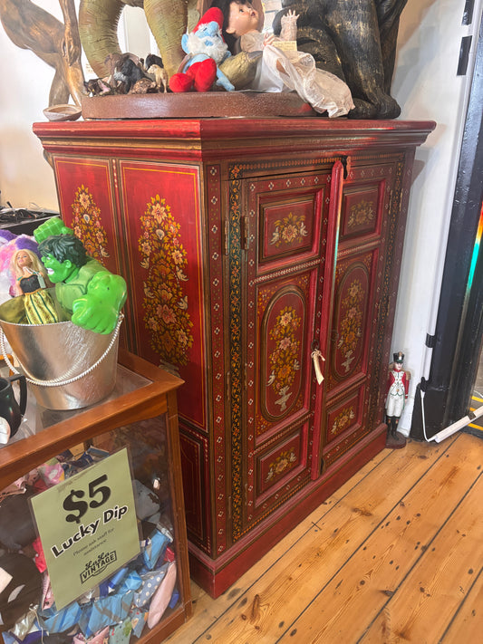 Large Hand Painted Red Floral Cabinet | Folk Art TV & Storage Cabinet