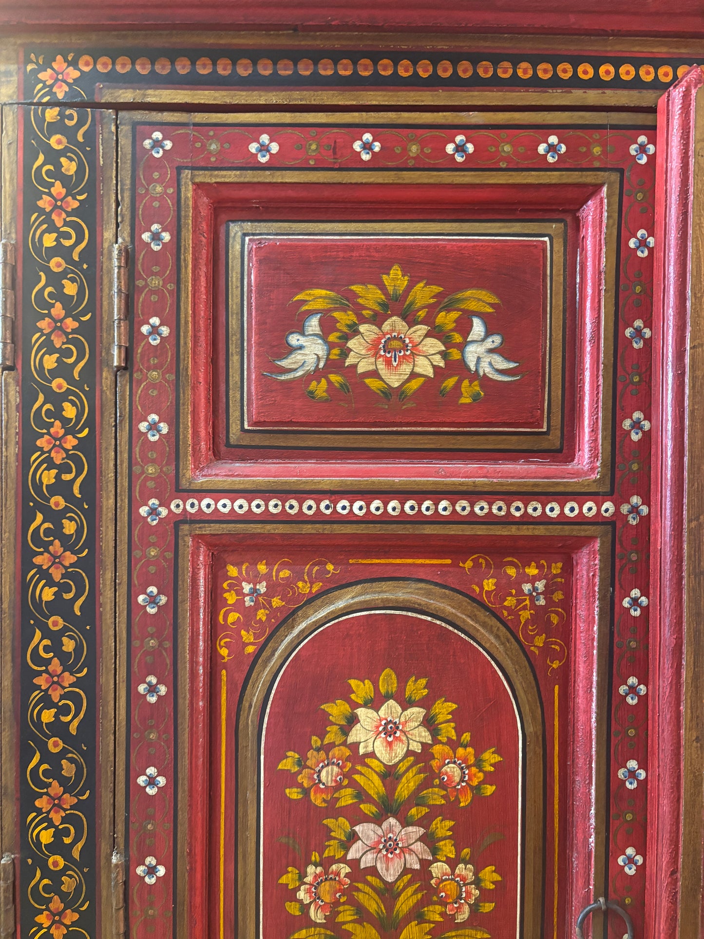 Large Hand Painted Red Floral Cabinet | Folk Art TV & Storage Cabinet