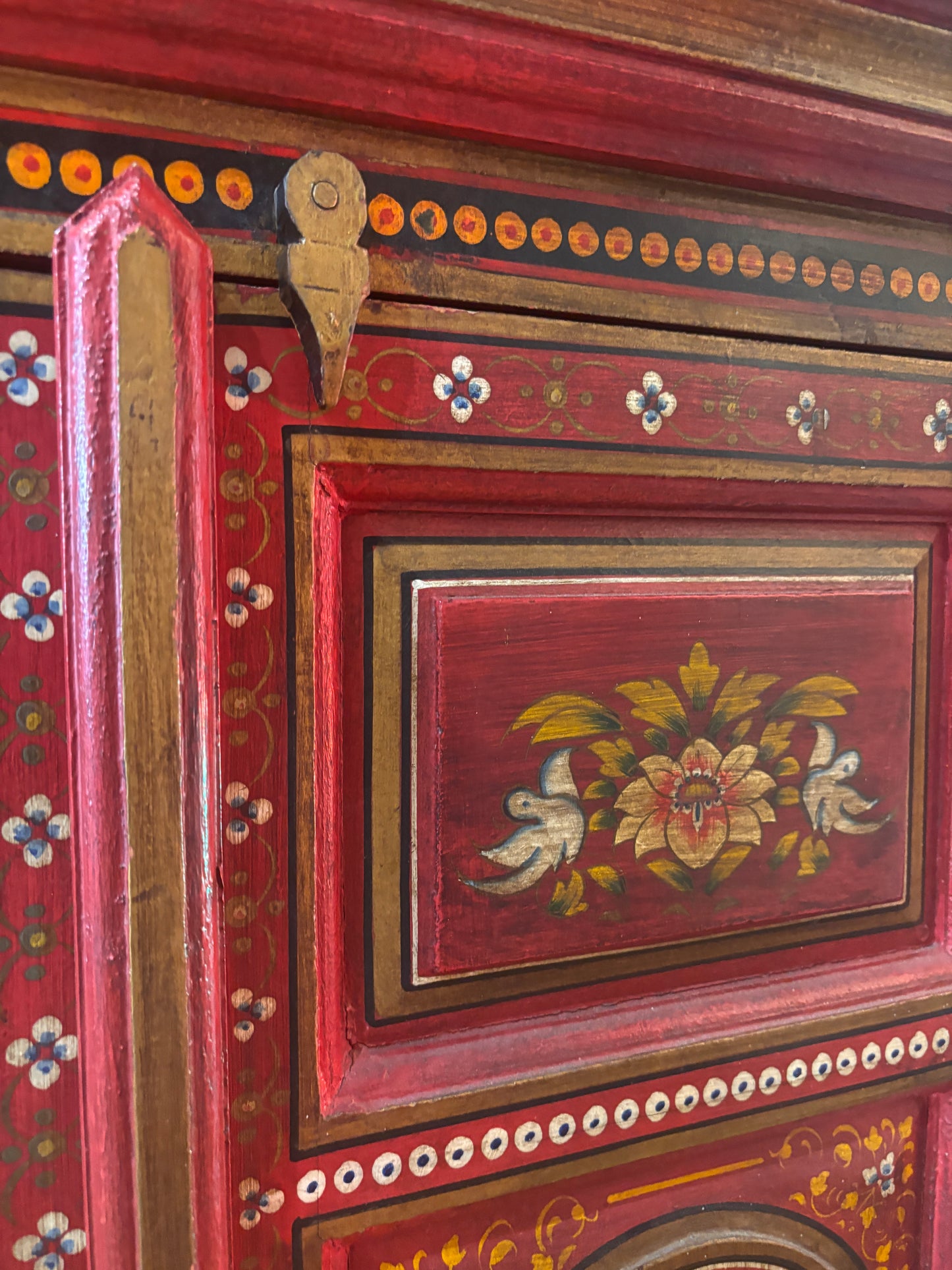 Large Hand Painted Red Floral Cabinet | Folk Art TV & Storage Cabinet