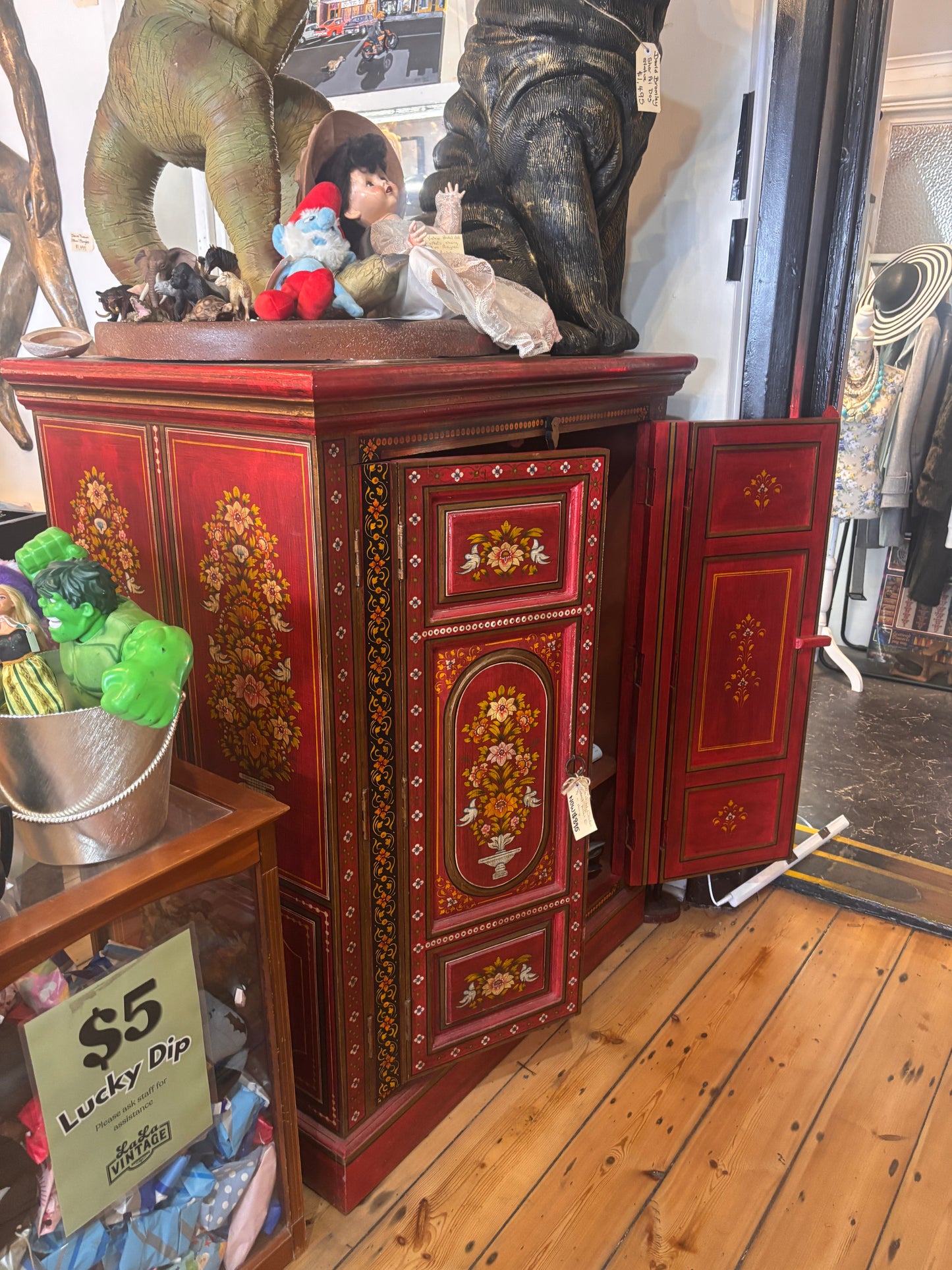 Large Hand Painted Red Floral Cabinet | Folk Art TV & Storage Cabinet