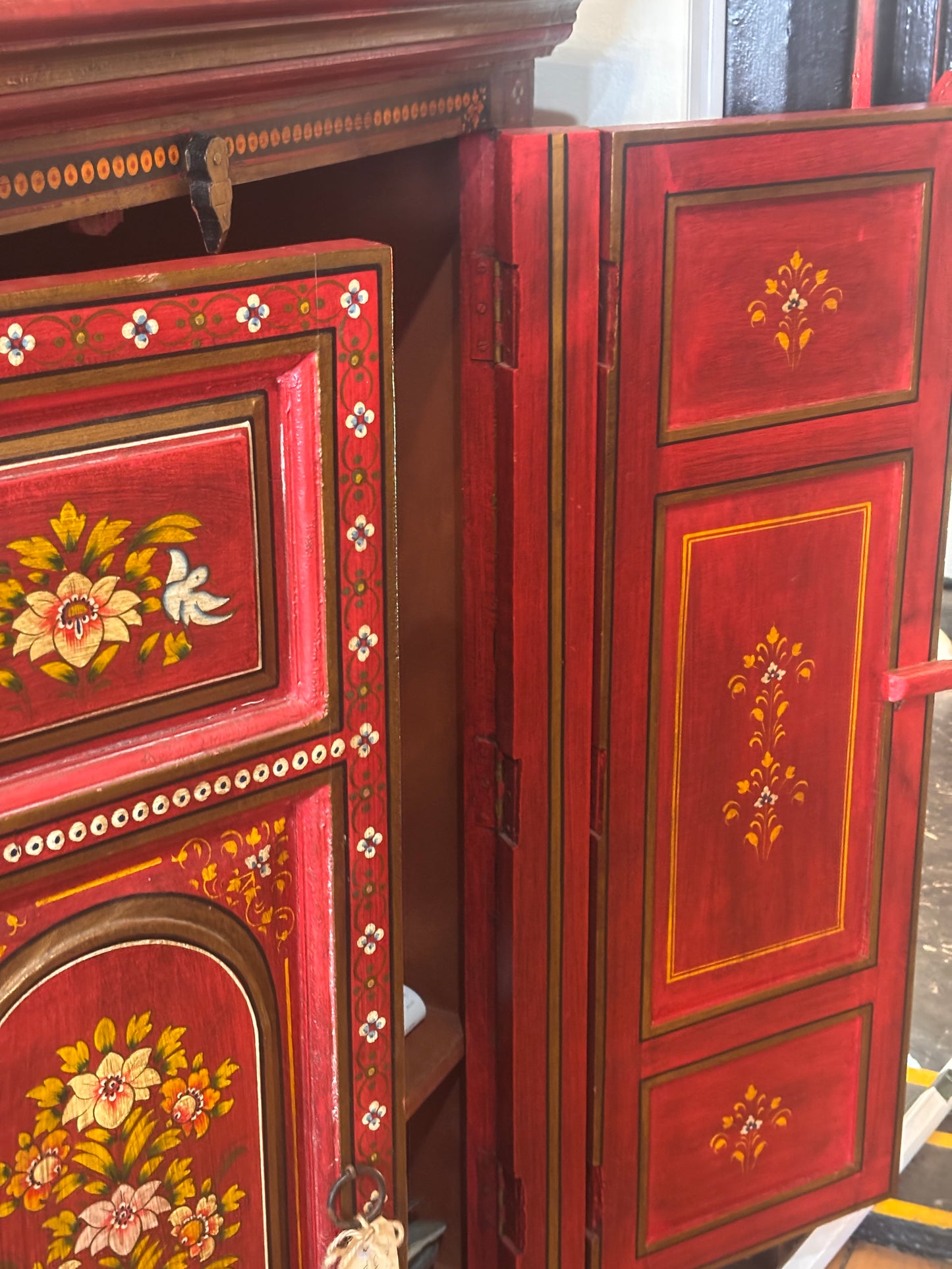 Large Hand Painted Red Floral Cabinet | Folk Art TV & Storage Cabinet