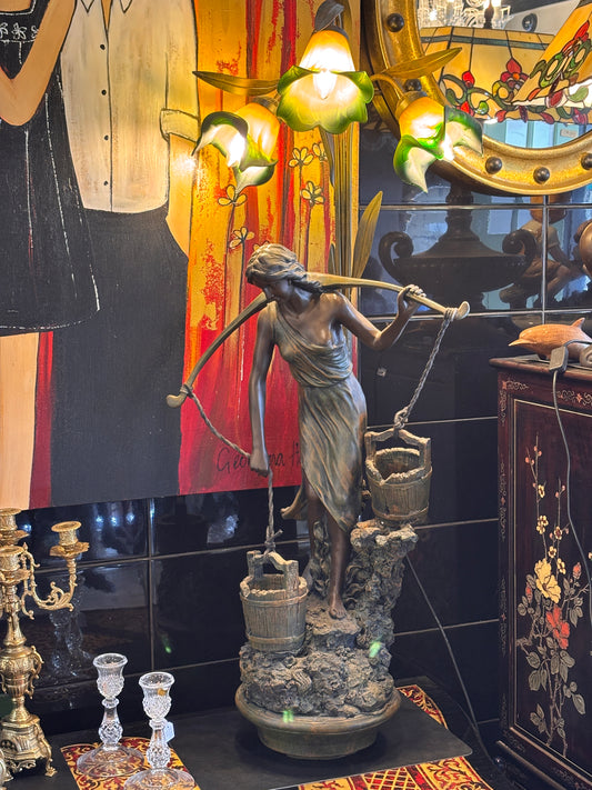 Large Art Nouveau–Style Figural Floor Lamp with Lily Glass Shades – 122cm