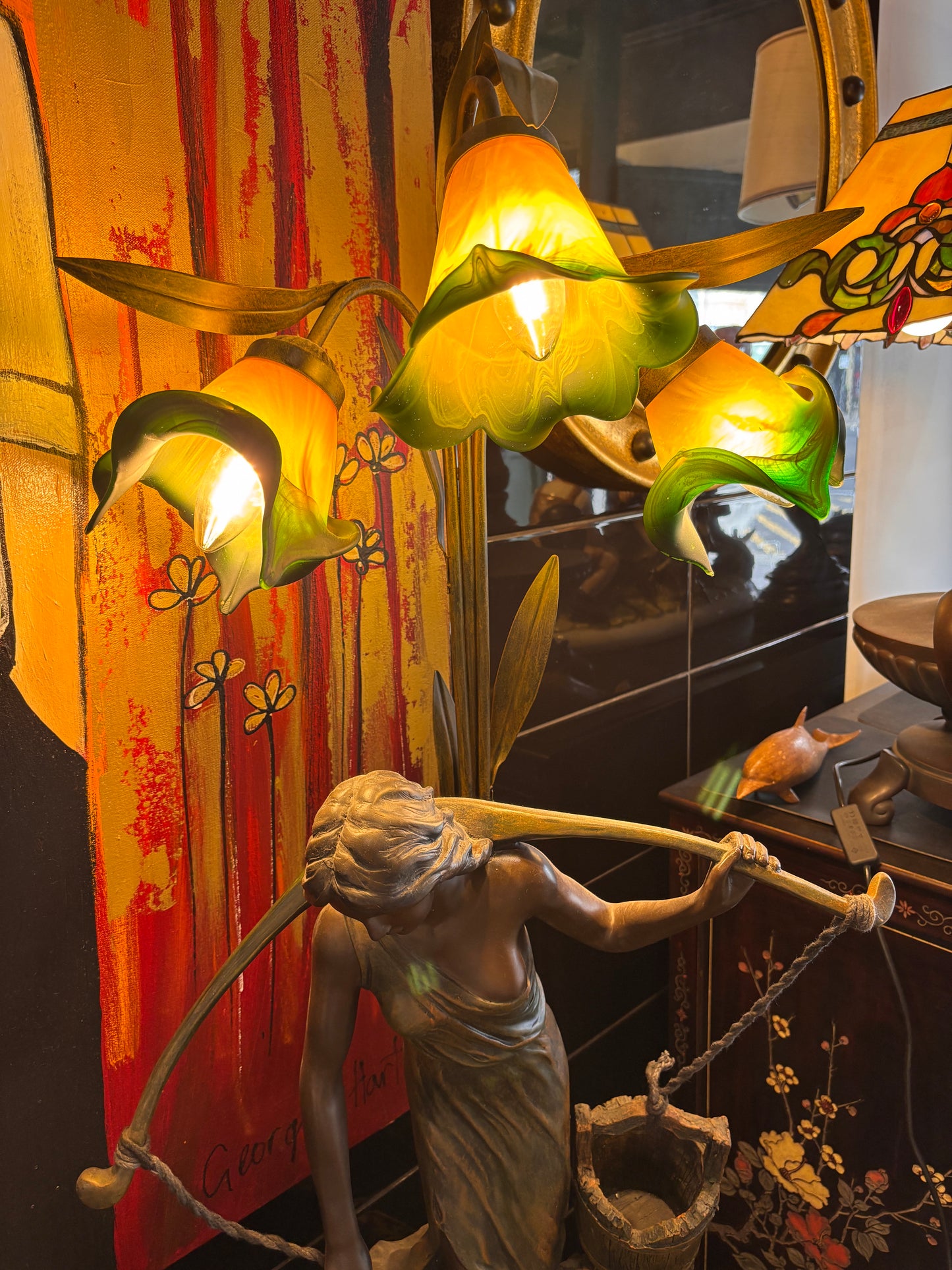 Large Art Nouveau–Style Figural Floor Lamp with Lily Glass Shades – 122cm