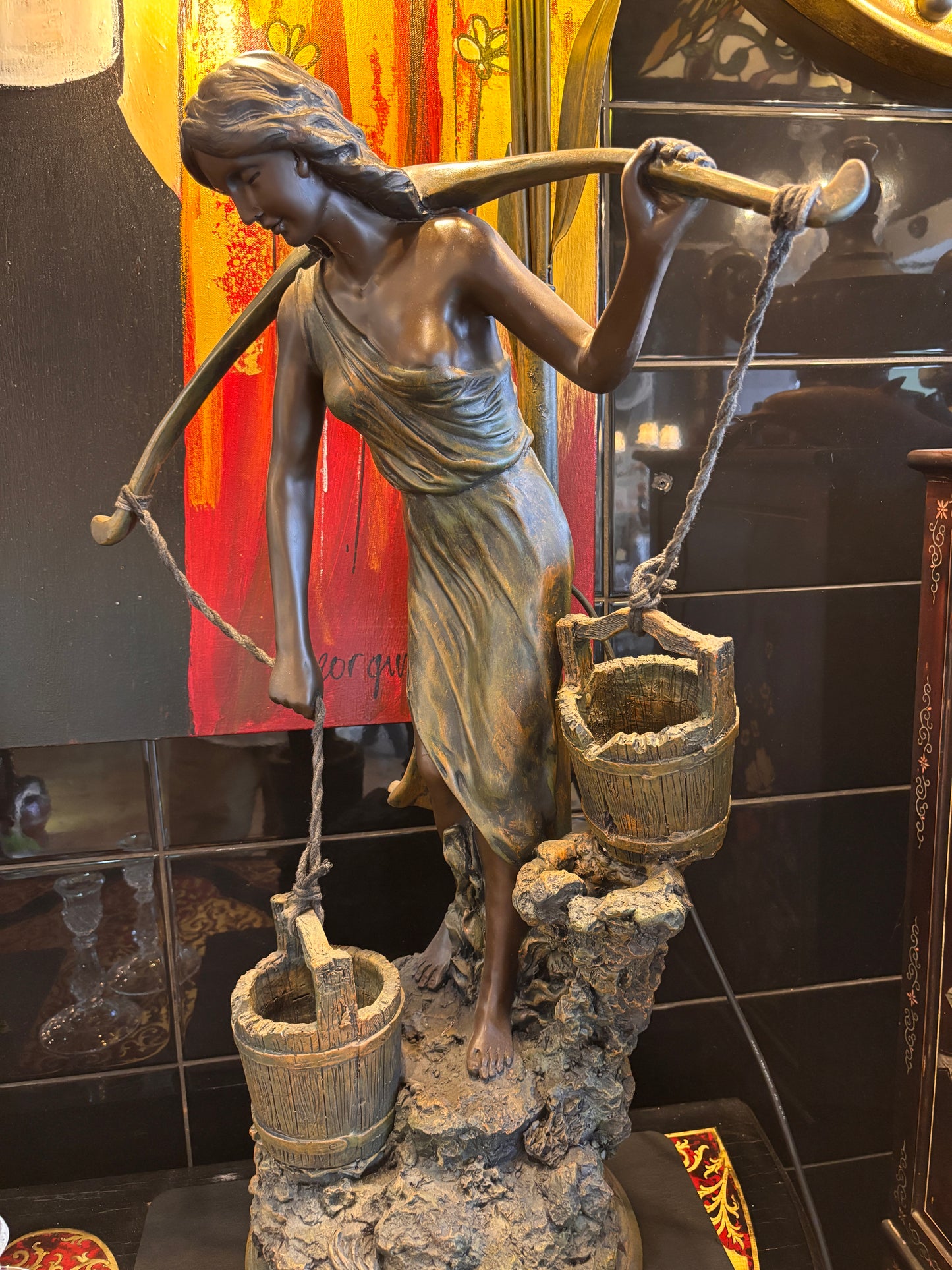 Large Art Nouveau–Style Figural Floor Lamp with Lily Glass Shades – 122cm