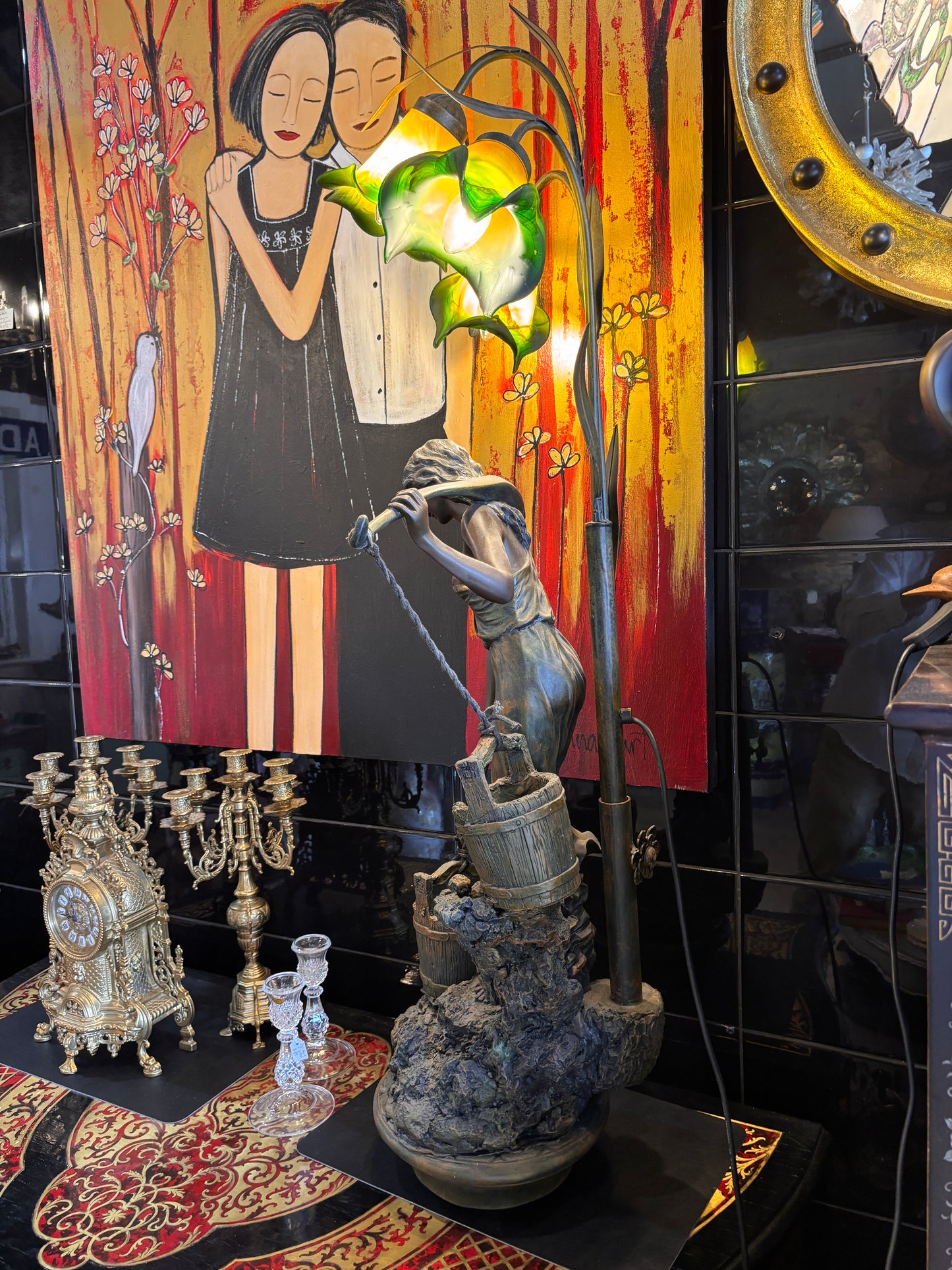 Large Art Nouveau–Style Figural Floor Lamp with Lily Glass Shades – 122cm