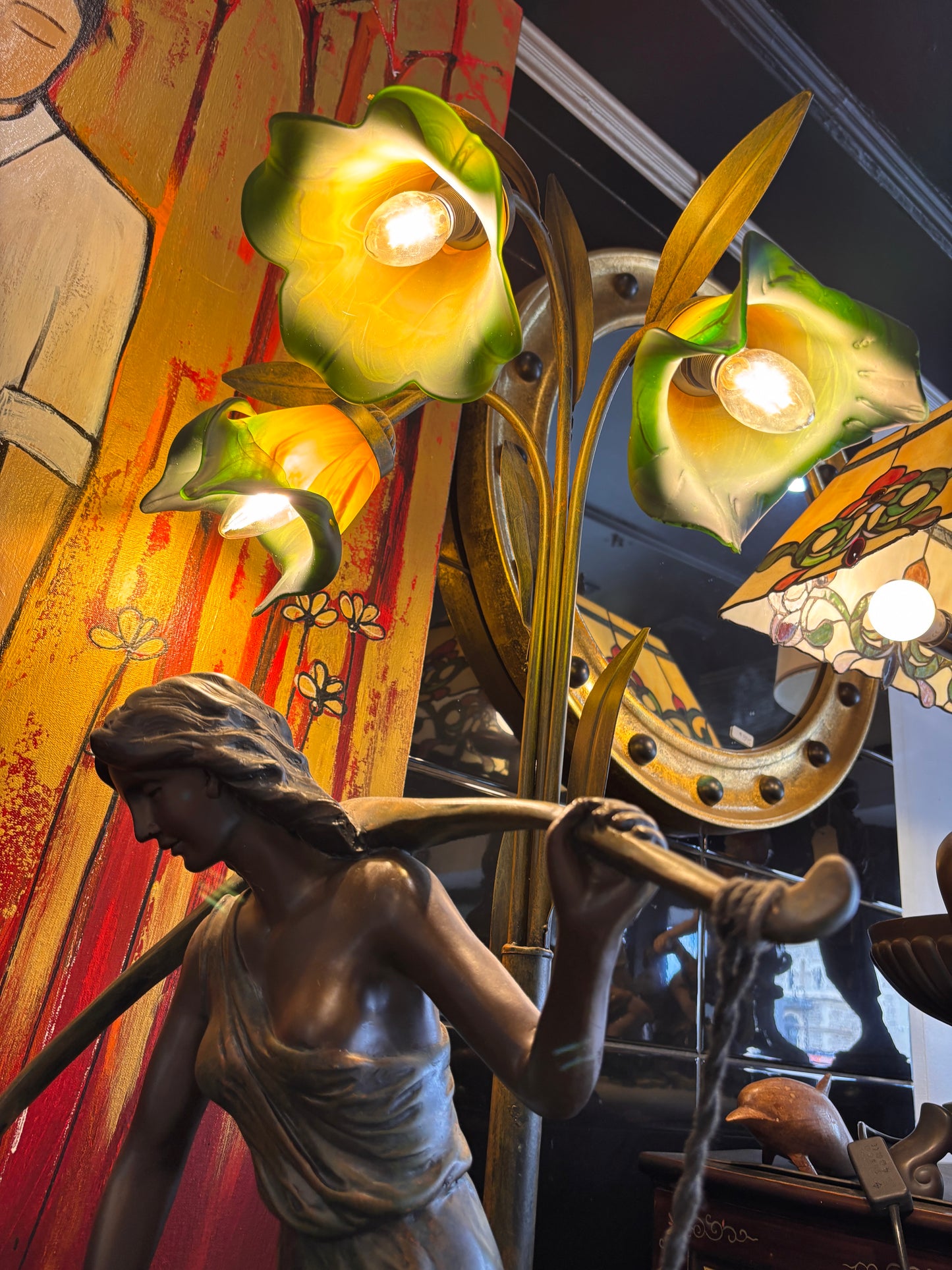 Large Art Nouveau–Style Figural Floor Lamp with Lily Glass Shades – 122cm