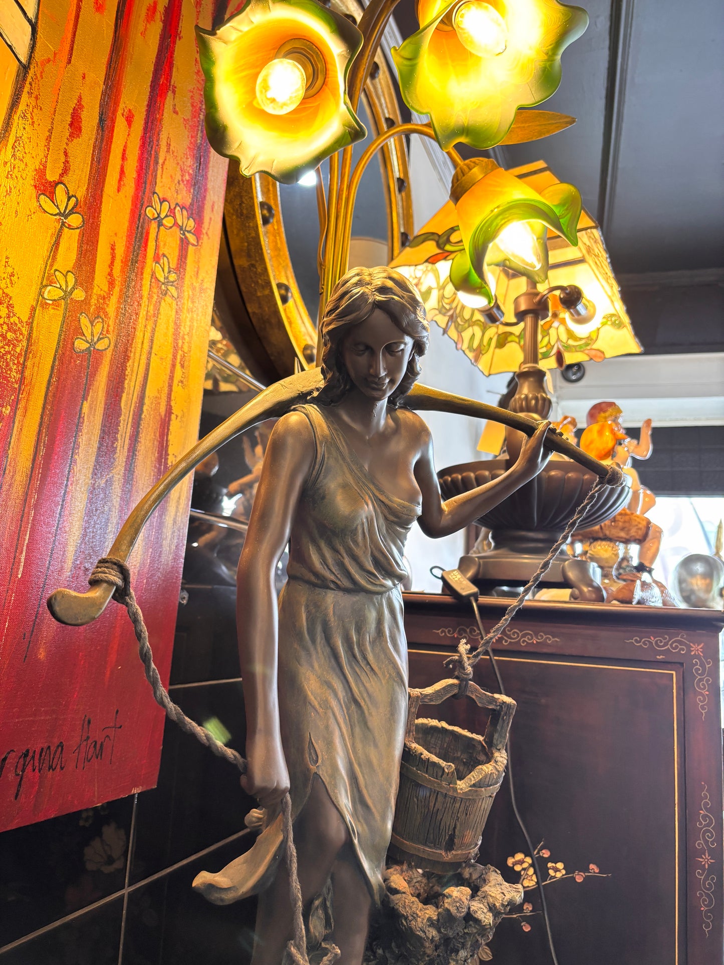 Large Art Nouveau–Style Figural Floor Lamp with Lily Glass Shades – 122cm