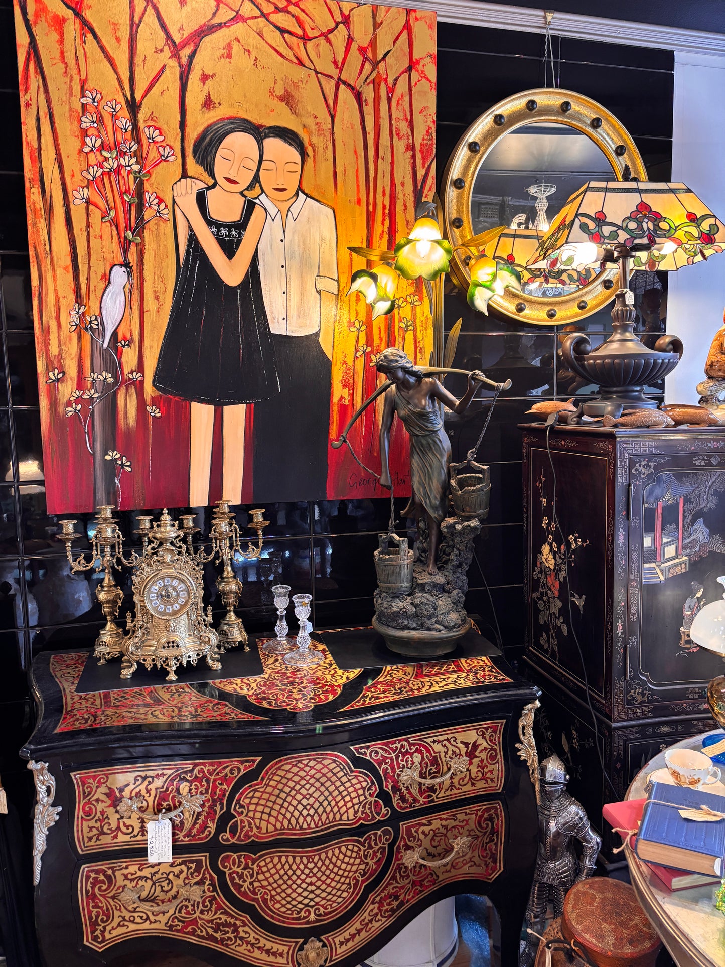 Large Art Nouveau–Style Figural Floor Lamp with Lily Glass Shades – 122cm