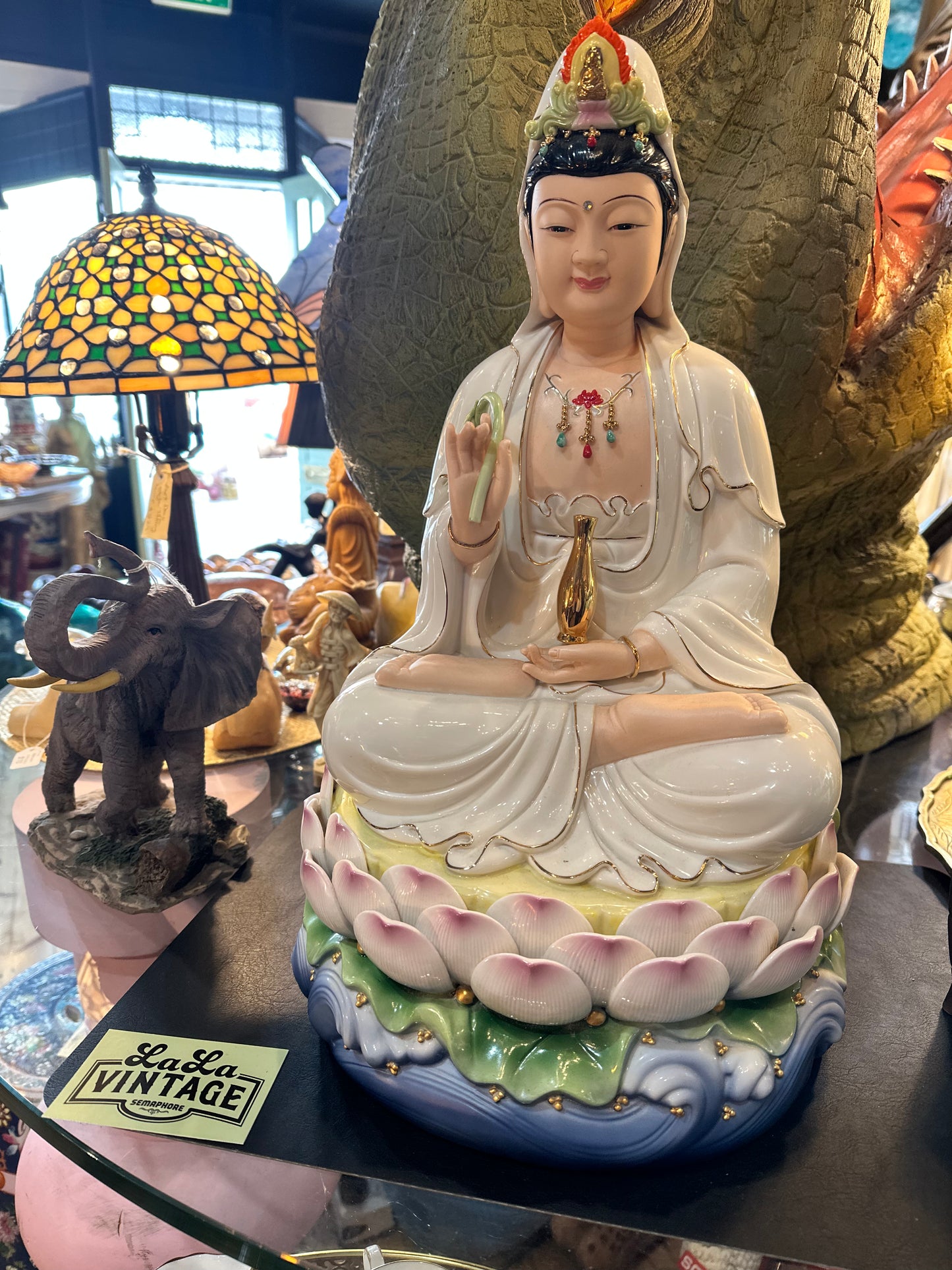 Ceramic Guanyin Statue, Goddess seated on Lotus Flower