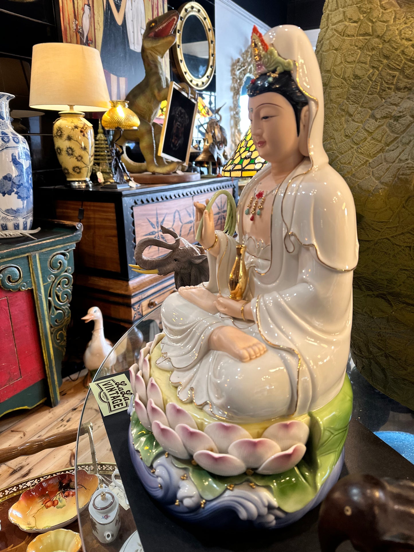 Ceramic Guanyin Statue, Goddess seated on Lotus Flower