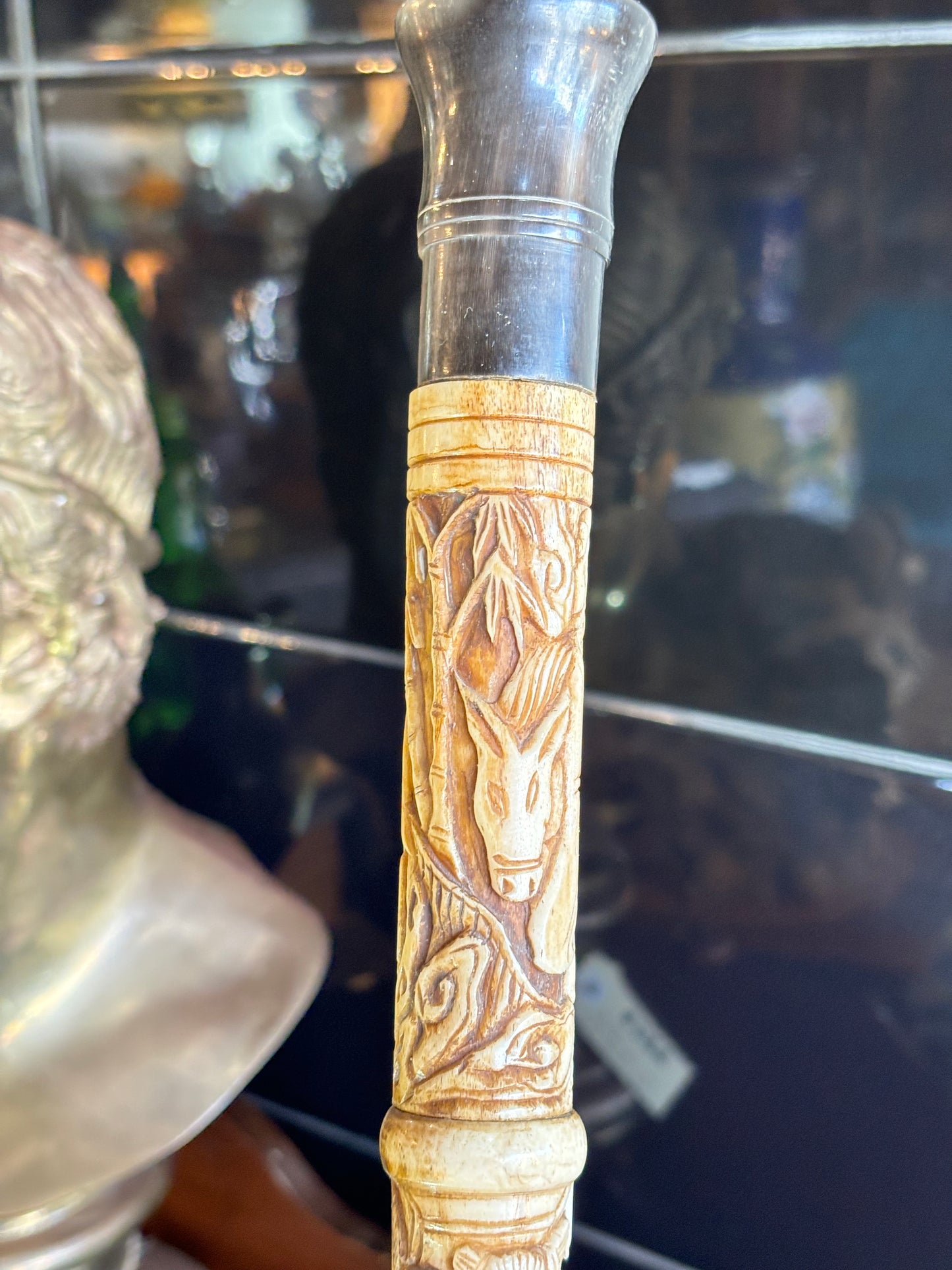 Exceptional Antique Bone And Horn Walking Cane Walking Stick