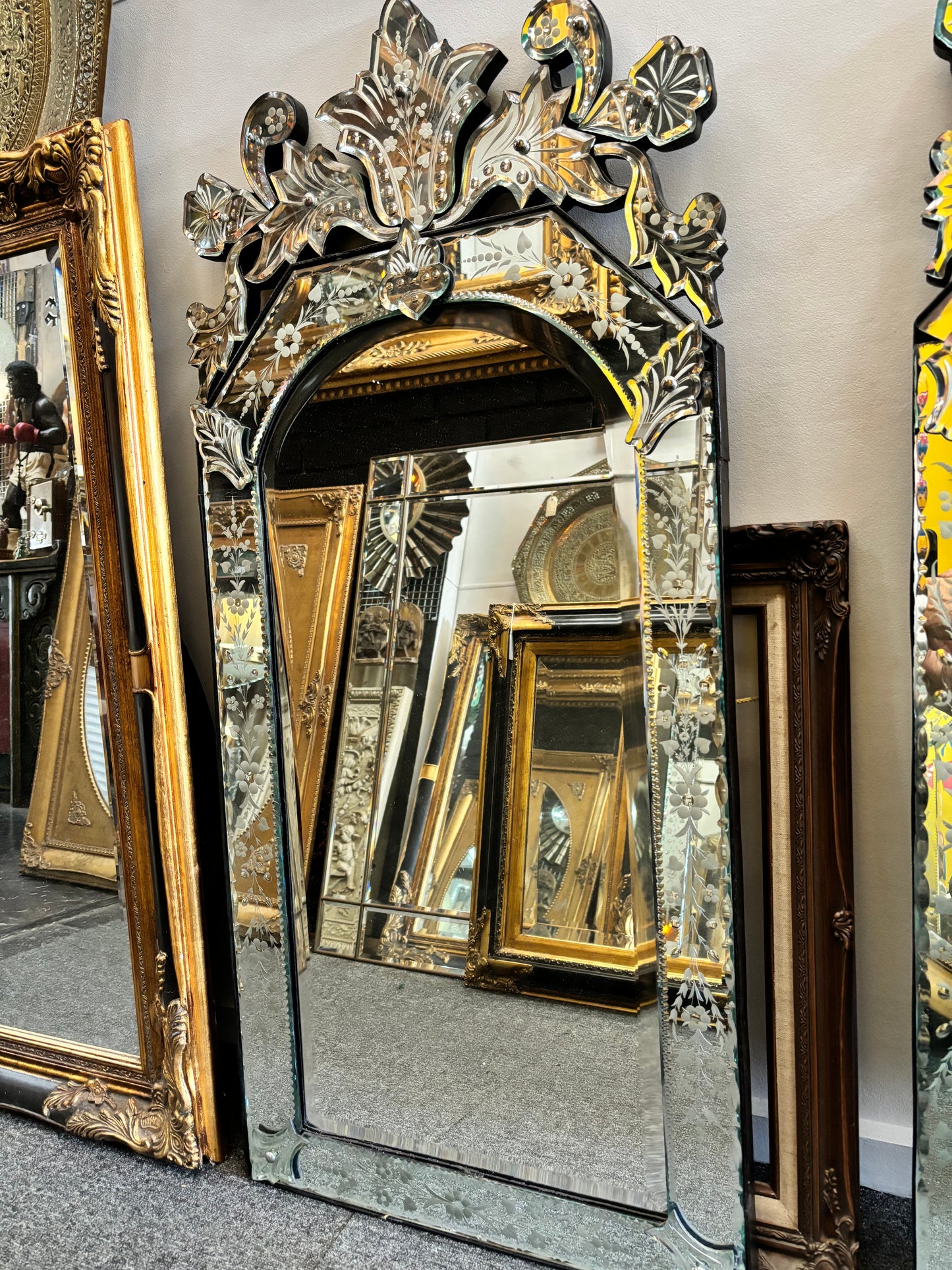 Ornately Detailed Venetian Mirror With Etching And Scalloped Bevelling