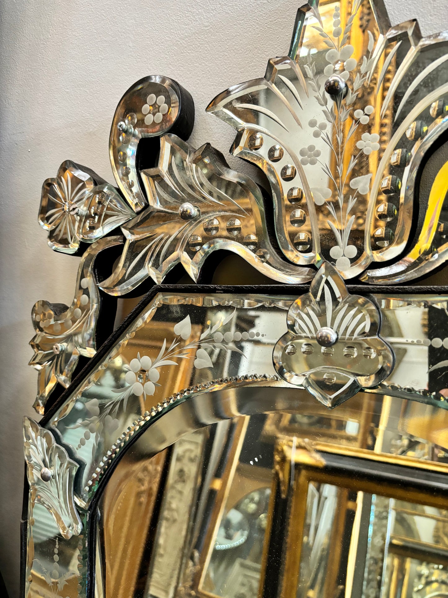 Ornately Detailed Venetian Mirror With Etching And Scalloped Bevelling