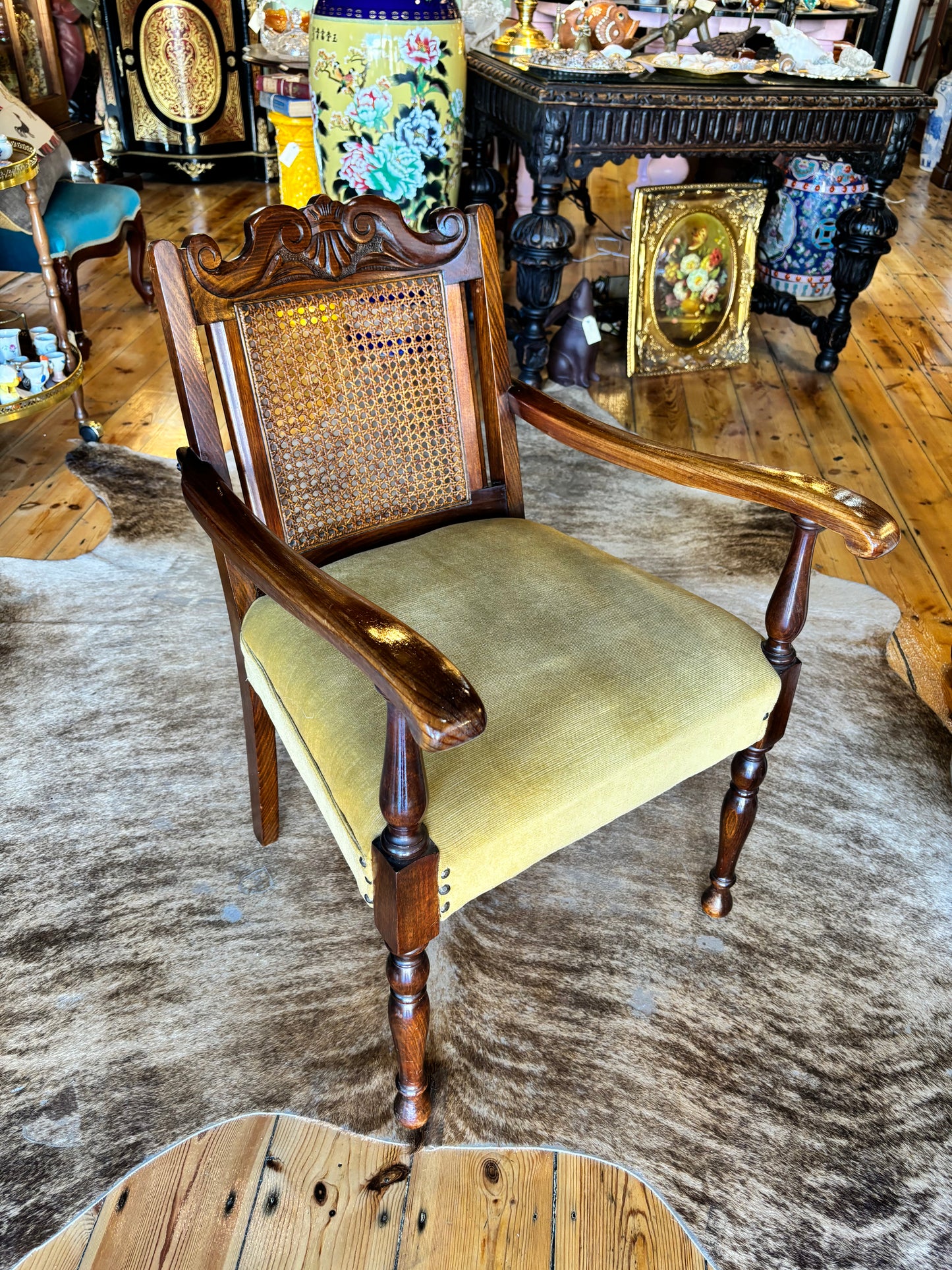 Antique Hardwood Armchair With Green Velvet Seat