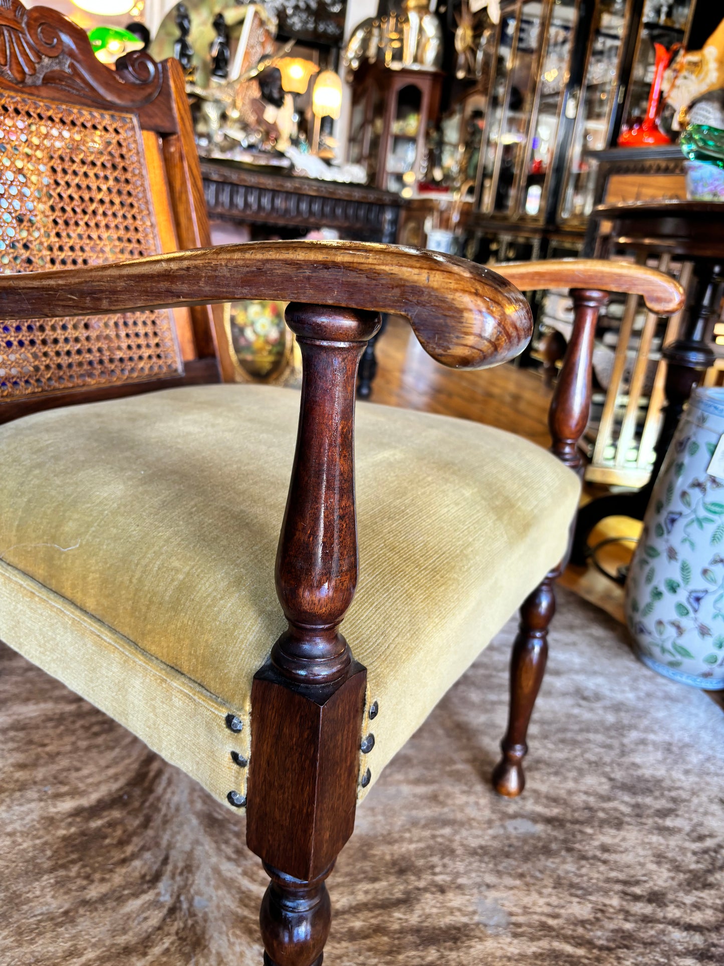 Antique Hardwood Armchair With Green Velvet Seat