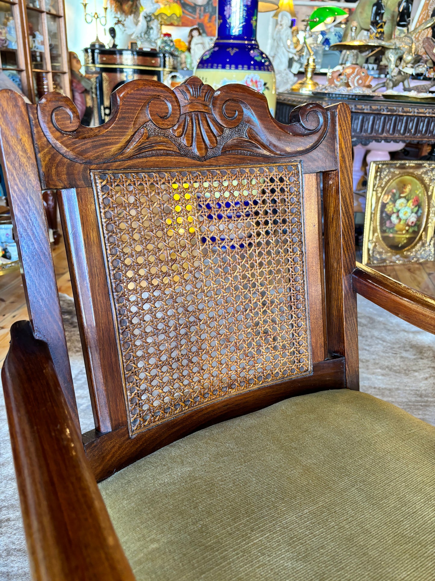 Antique Hardwood Armchair With Green Velvet Seat