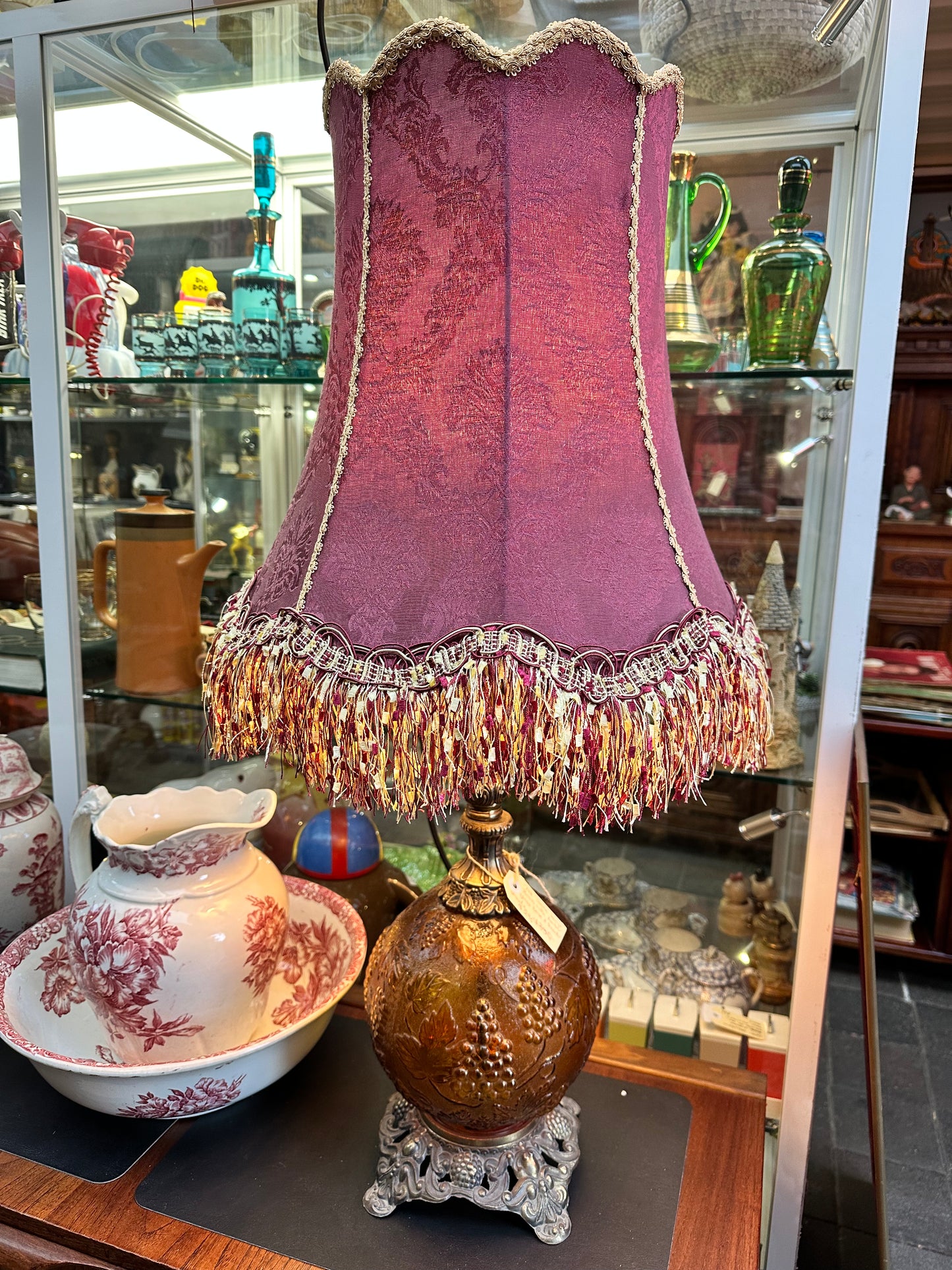 Tall Table Lamp, Brass with Round Amber Glass Base And Tasselled Shade