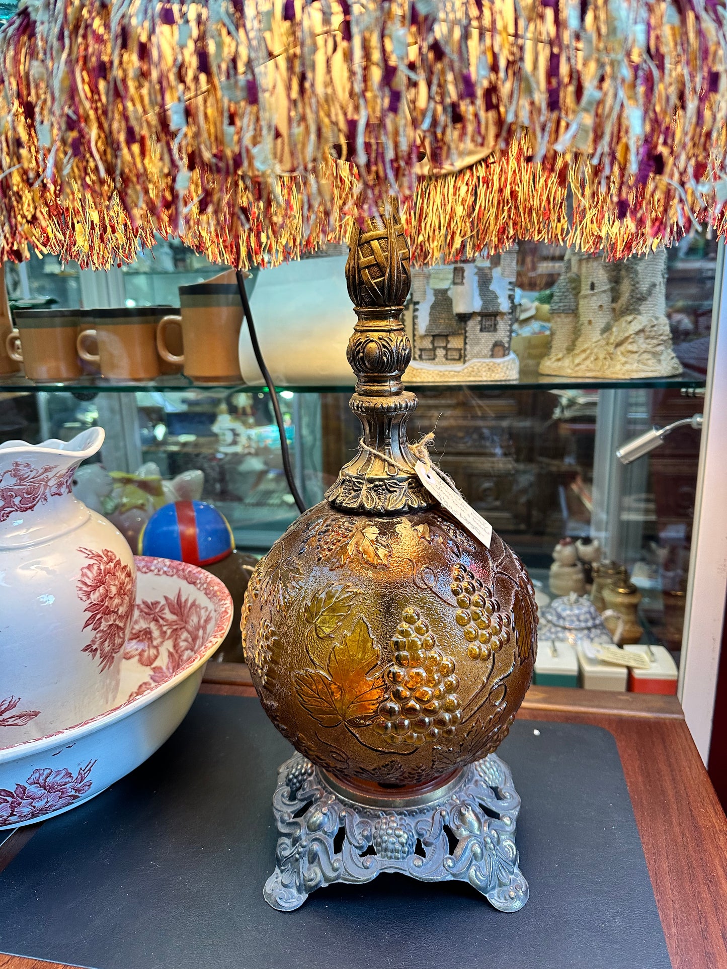 Tall Table Lamp, Brass with Round Amber Glass Base And Tasselled Shade