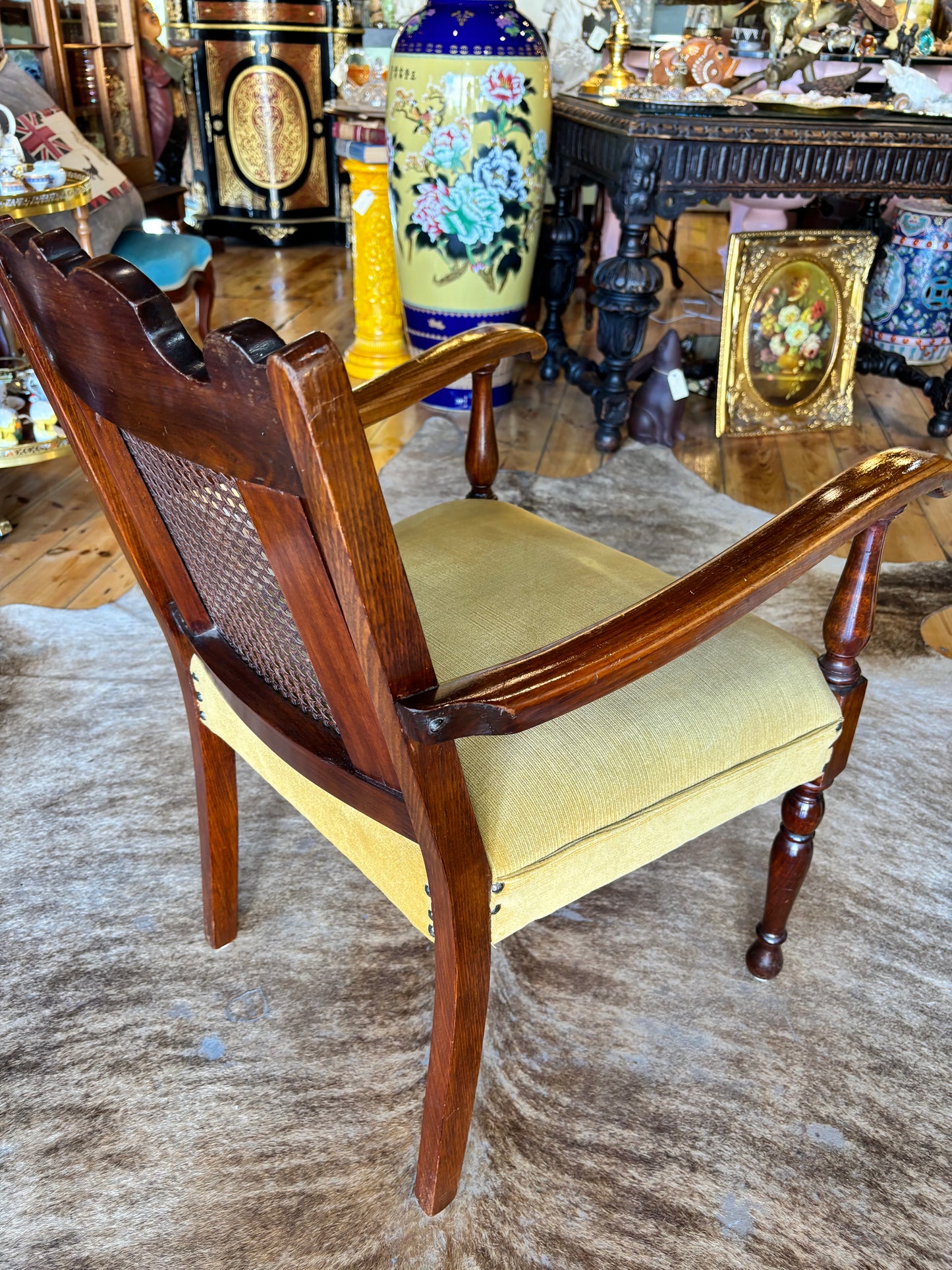 Antique Hardwood Armchair With Green Velvet Seat