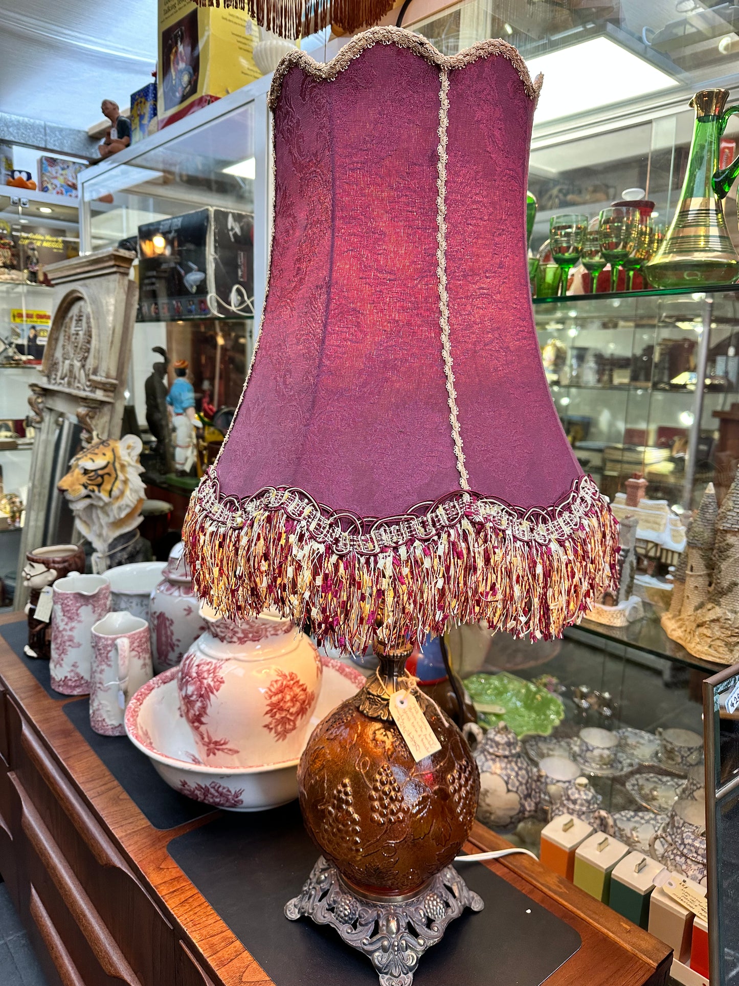 Tall Table Lamp, Brass with Round Amber Glass Base And Tasselled Shade