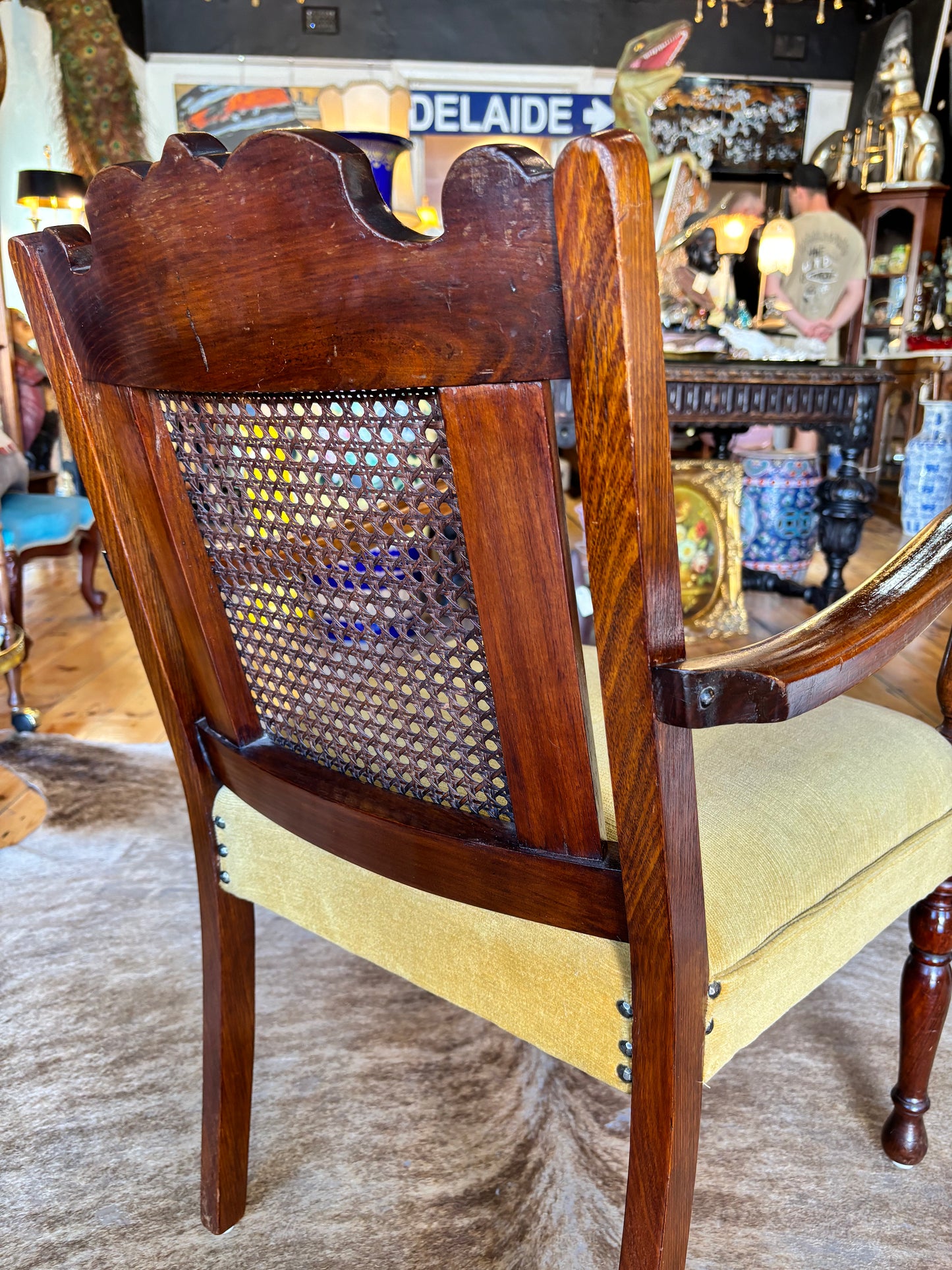 Antique Hardwood Armchair With Green Velvet Seat