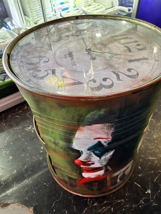 The Joker Barrel, Side Table, Hand Painted Artwork.