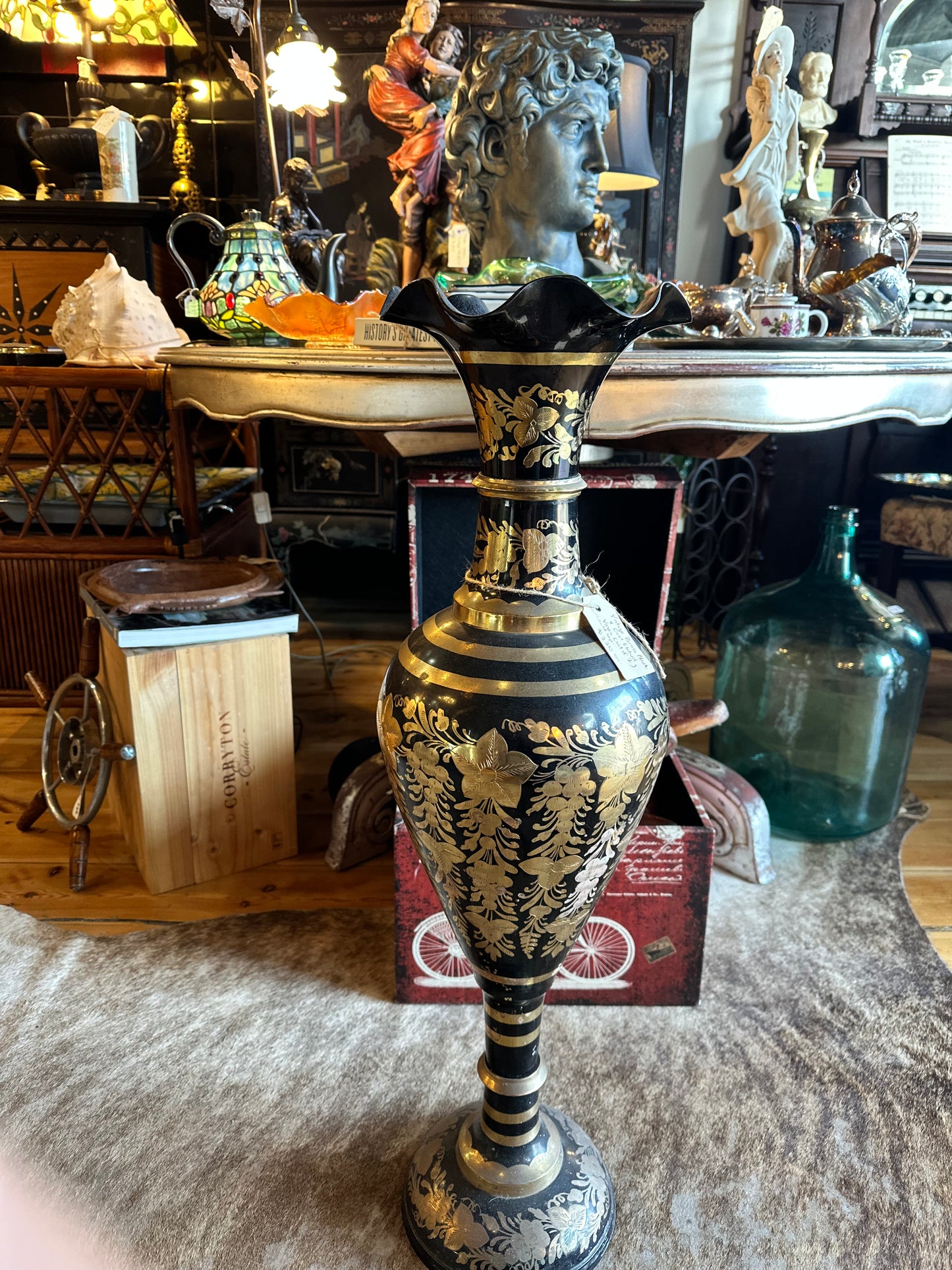 Vintage Black and Brass Base Etched with Flowers and Scalloped Edge