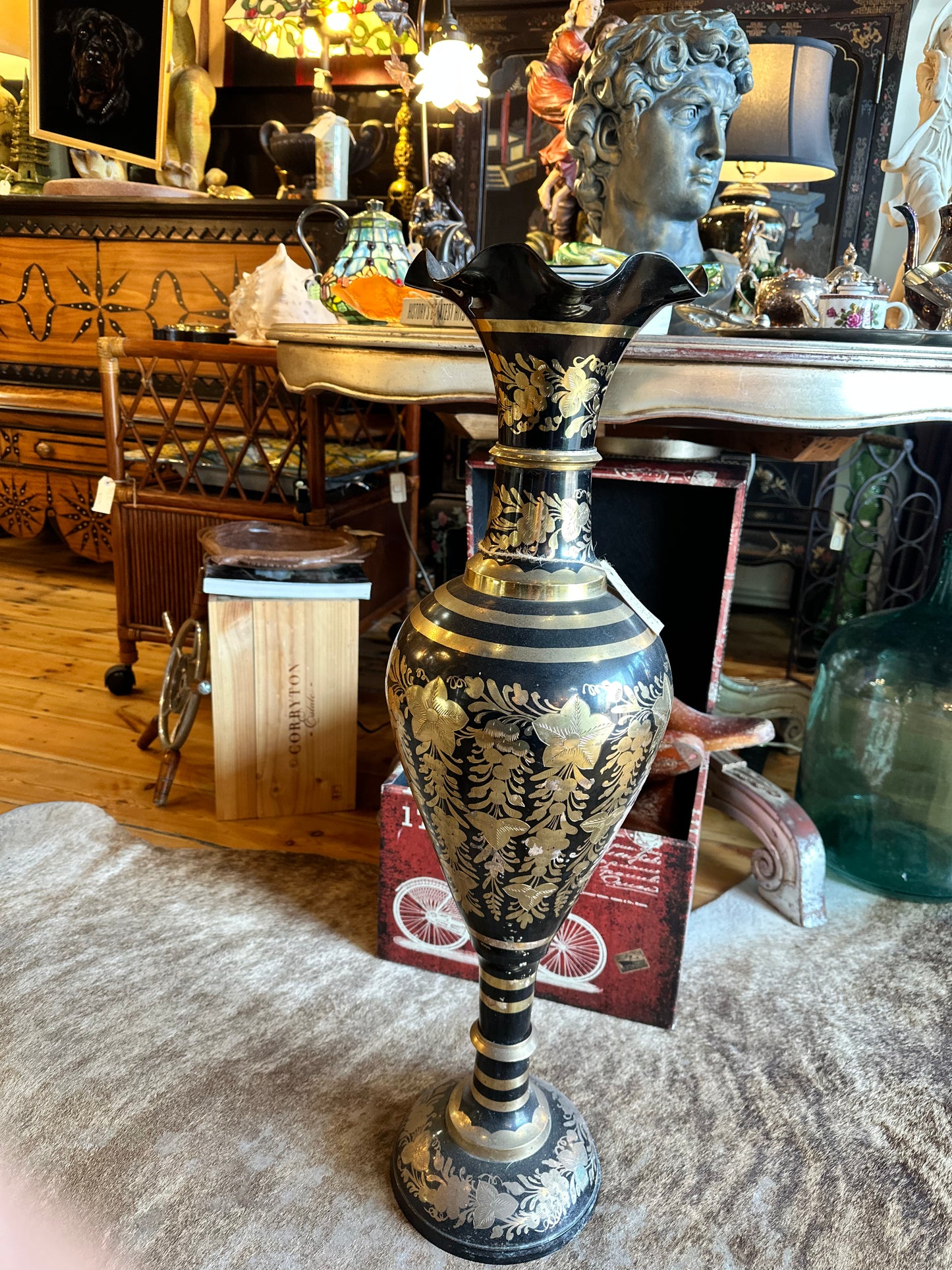 Vintage Black and Brass Base Etched with Flowers and Scalloped Edge