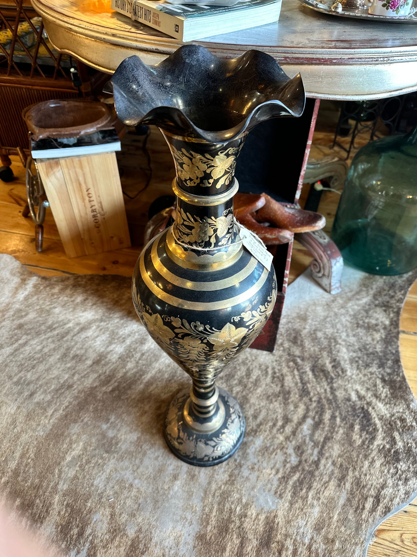 Vintage Black and Brass Base Etched with Flowers and Scalloped Edge