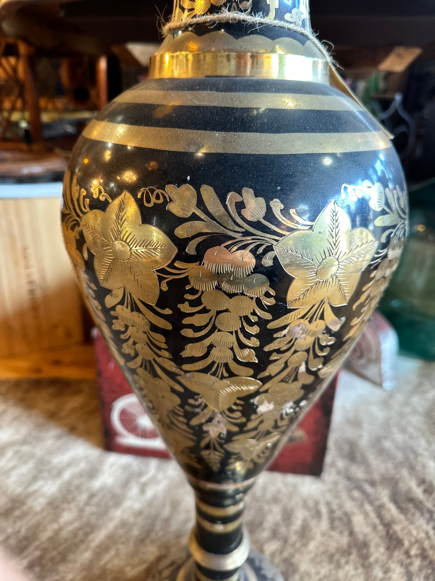 Vintage Black and Brass Base Etched with Flowers and Scalloped Edge