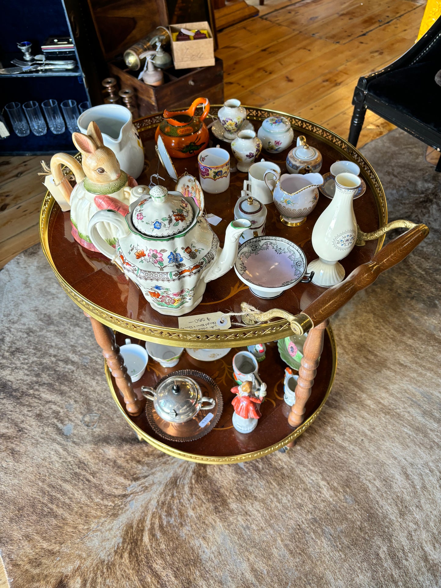 Two Tier Drinks Trolley Brass And Wood Inlay