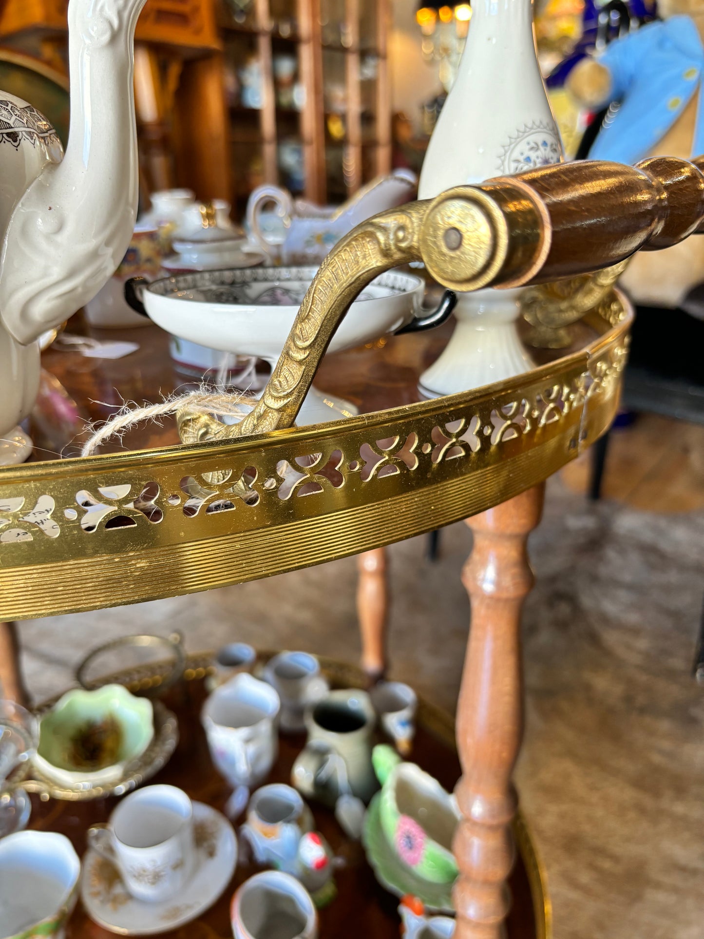 Two Tier Drinks Trolley Brass And Wood Inlay