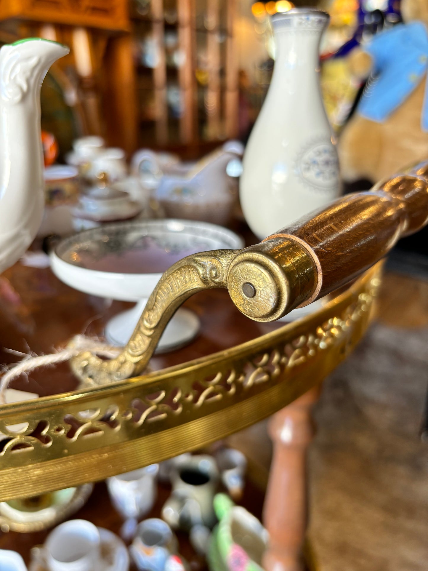 Two Tier Drinks Trolley Brass And Wood Inlay