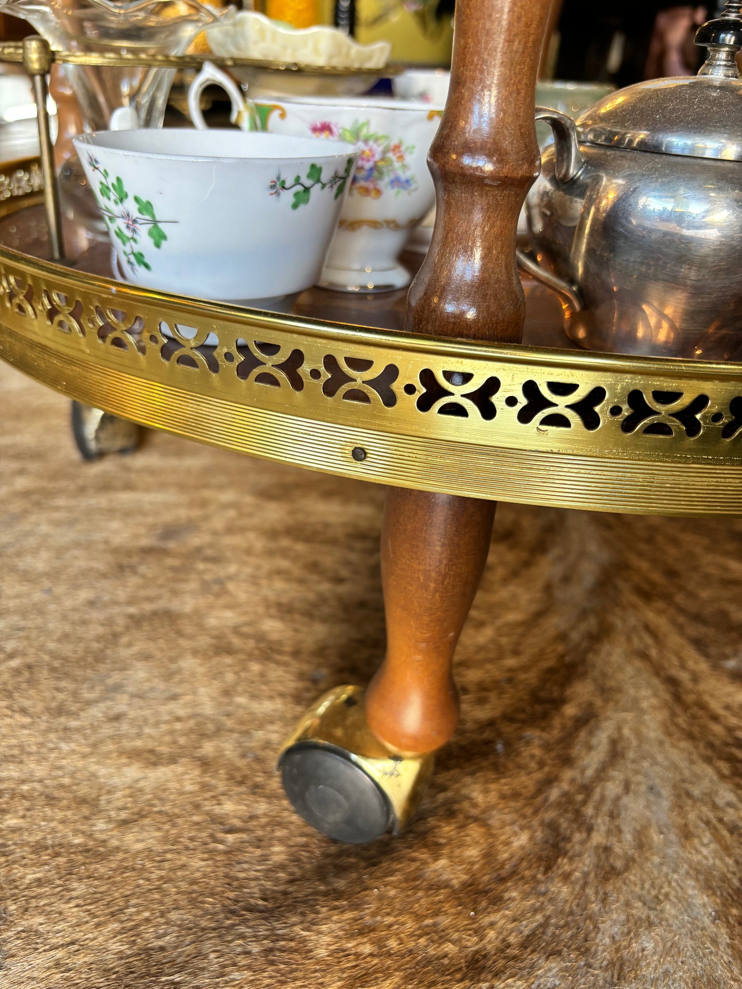 Two Tier Drinks Trolley Brass And Wood Inlay