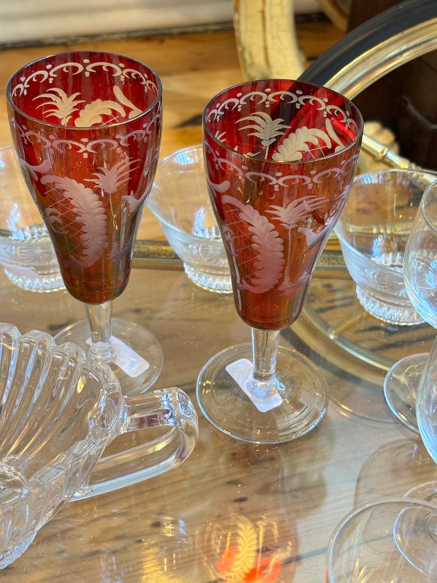 Pair Of Bohemian Cut Crystal Etched Champagne Flutes