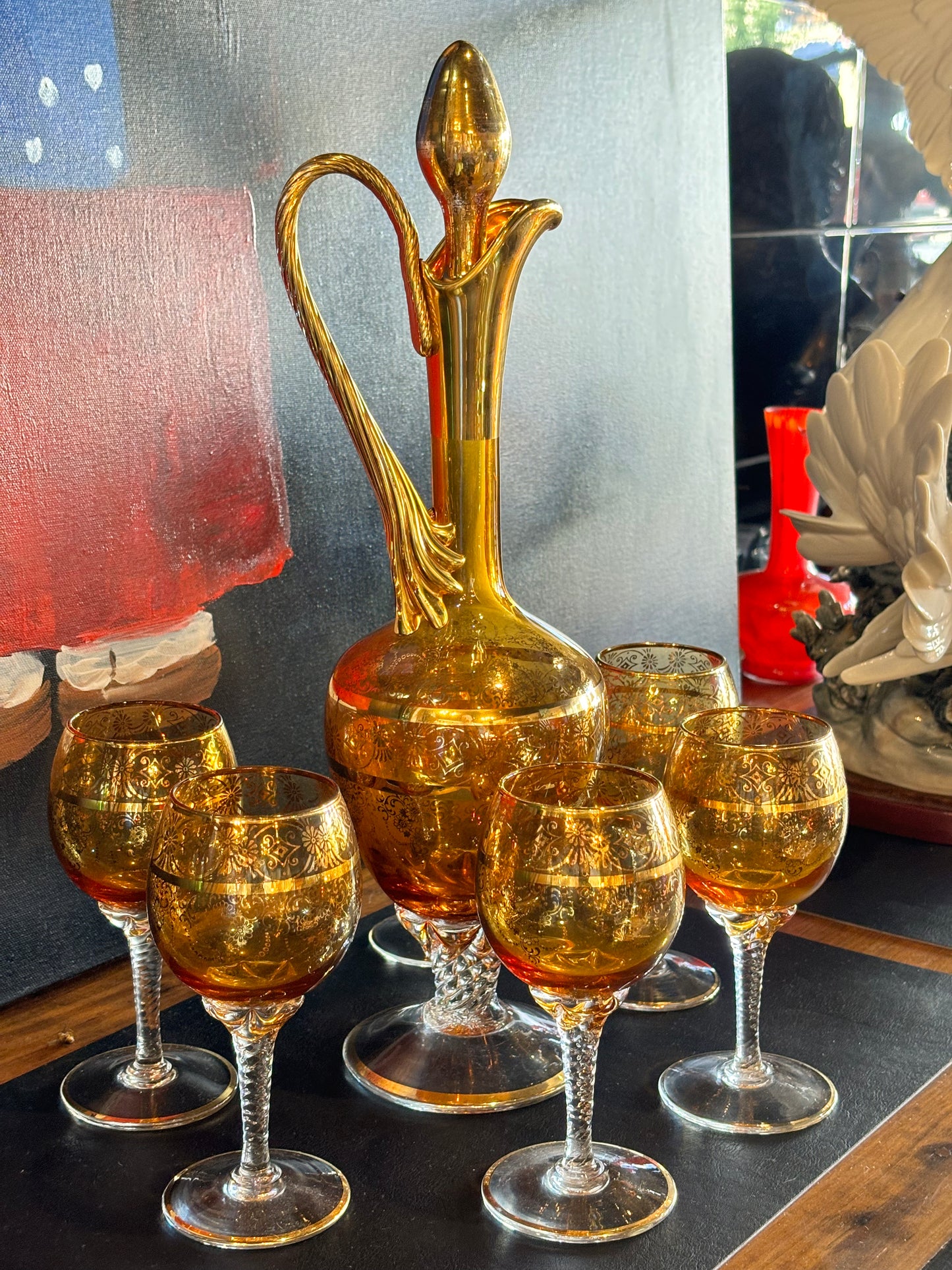 Elegant Venetian Amber Glass Decanter Set