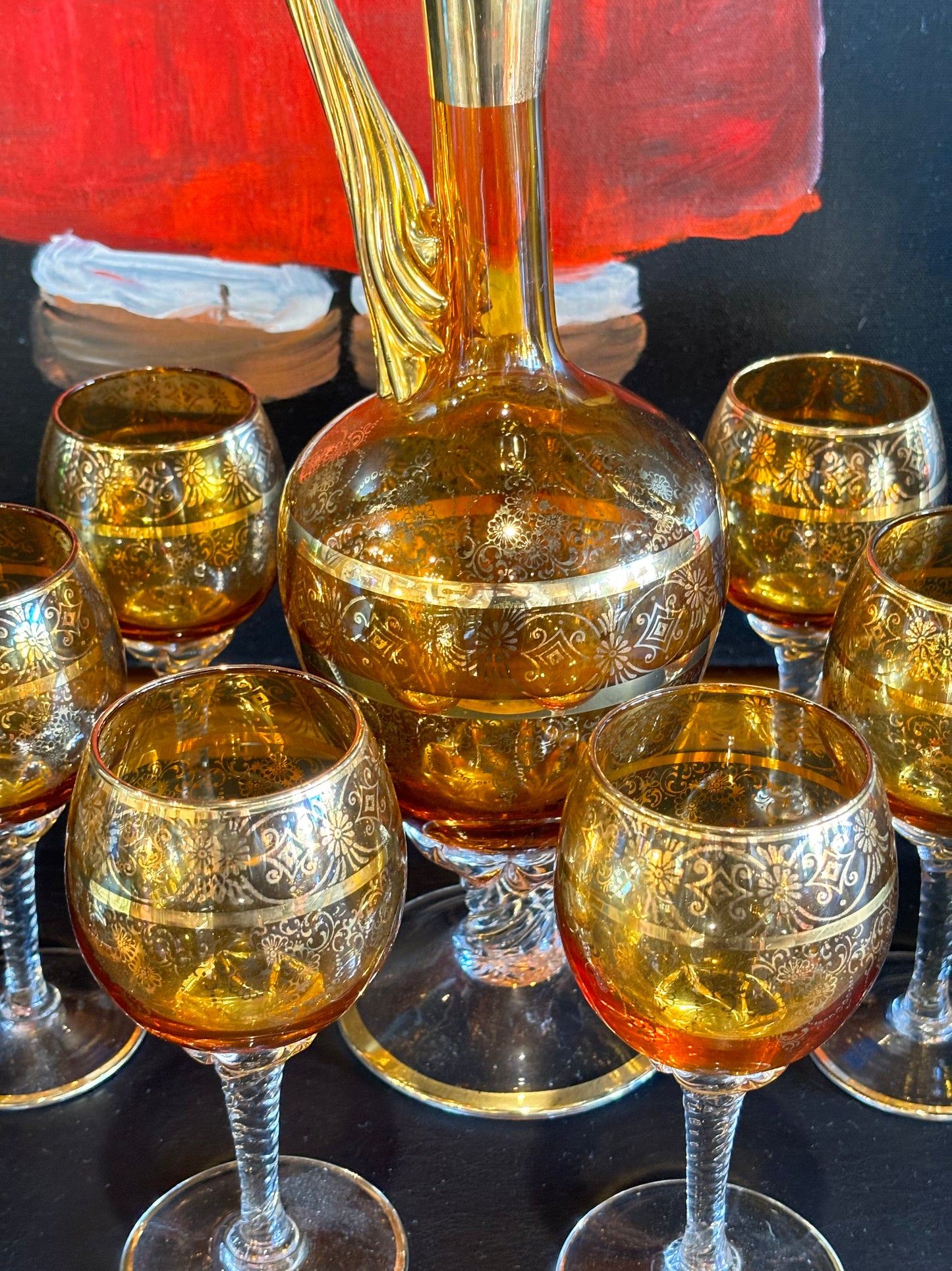 Elegant Venetian Amber Glass Decanter Set