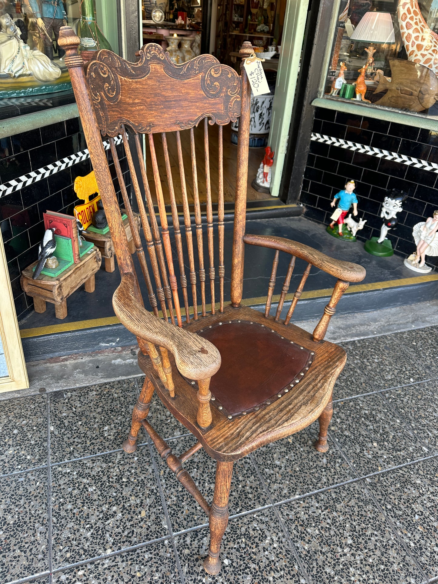 Antique Oak and Leather Arts and Craft Chair c1890s
