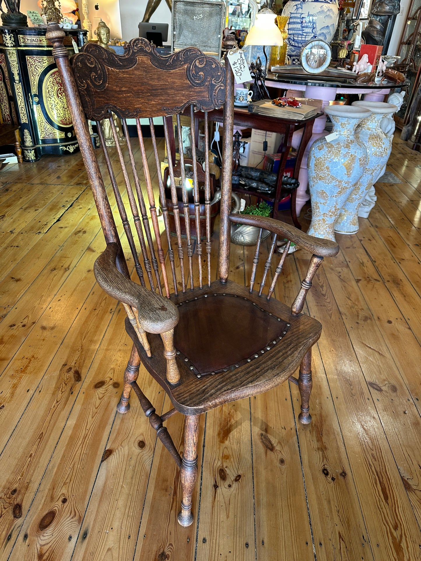 Antique Oak and Leather Arts and Craft Chair c1890s