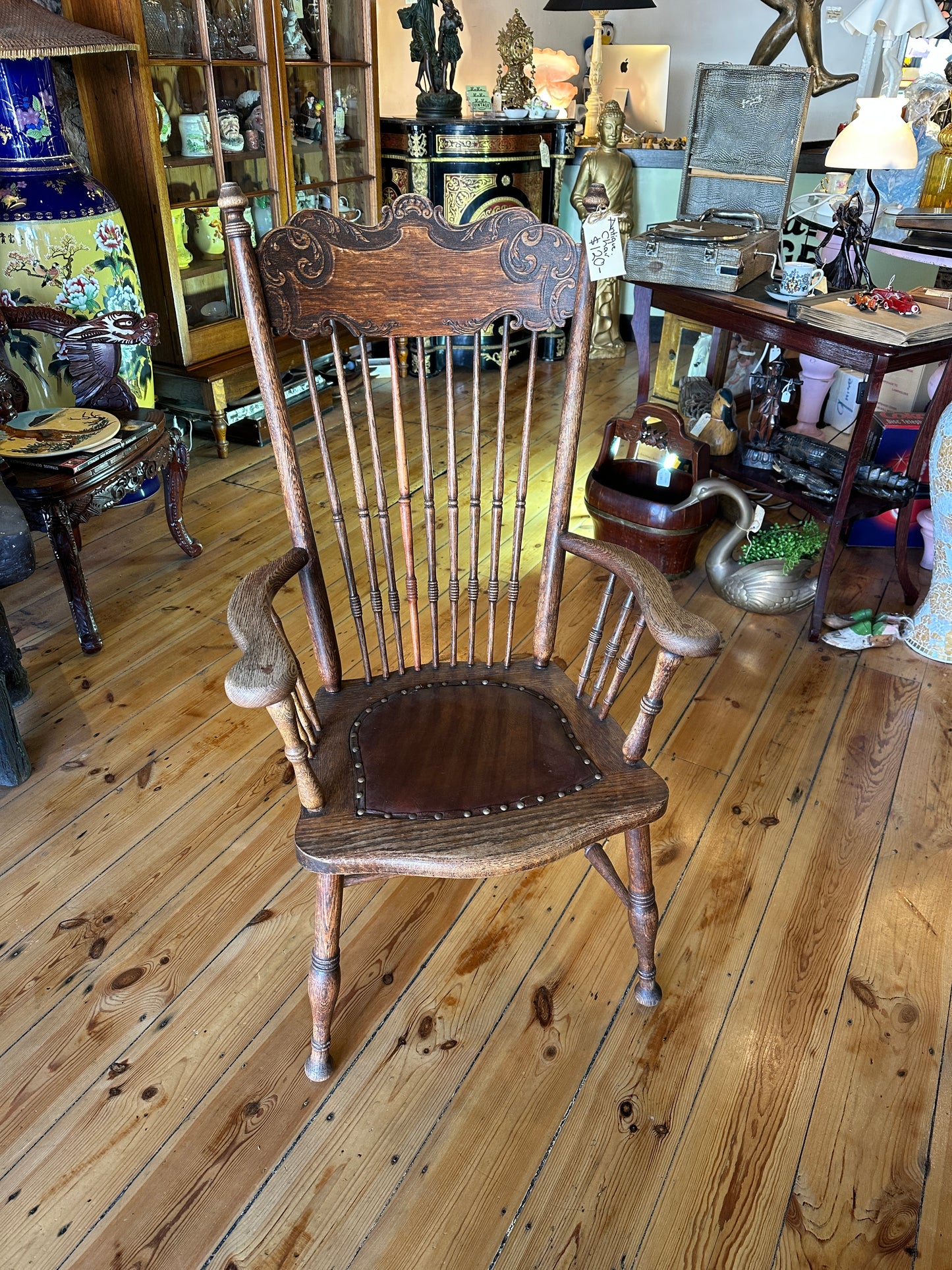 Antique Oak and Leather Arts and Craft Chair c1890s