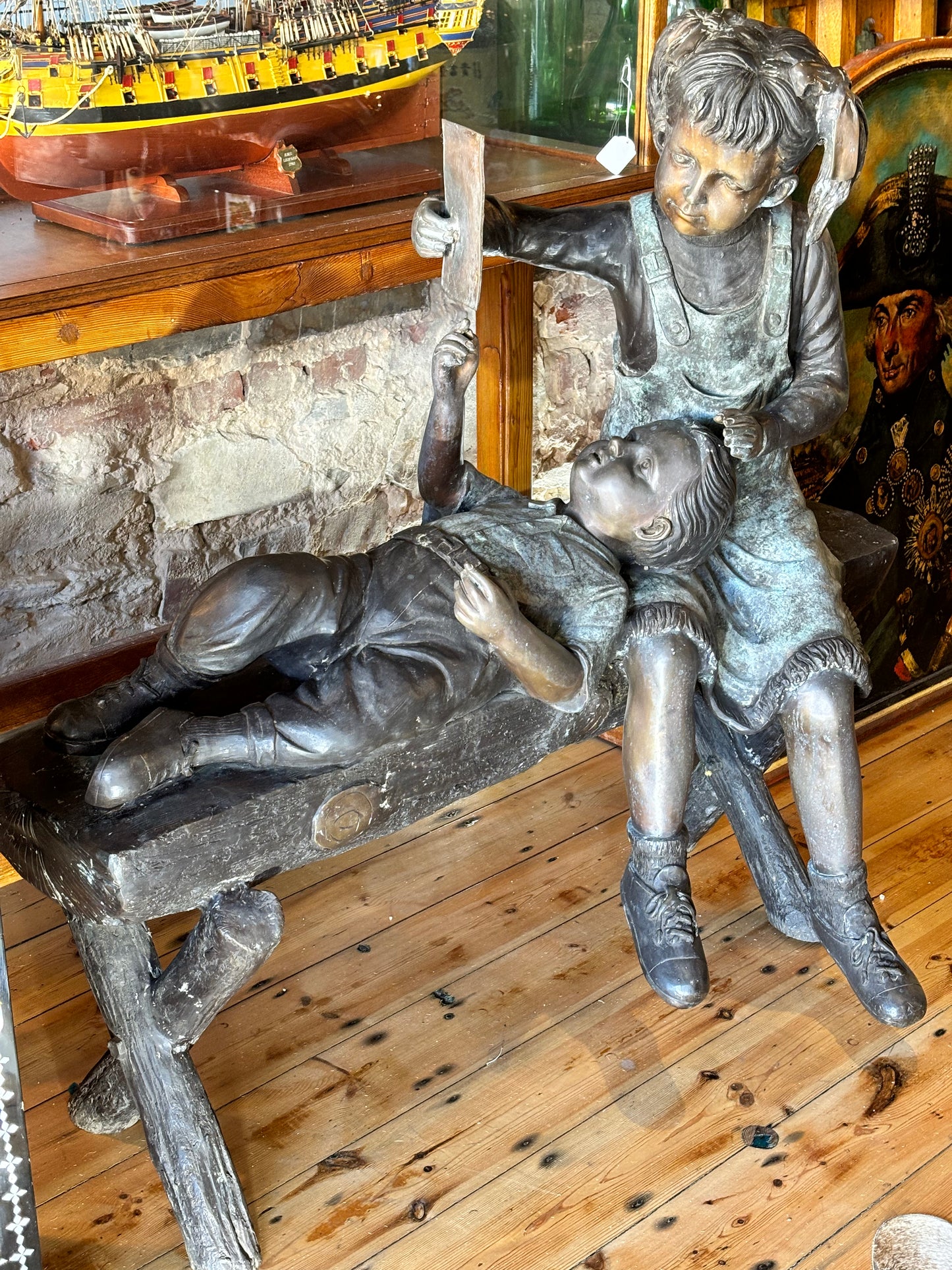 Life-size Bronze Statue Of Children On Bench