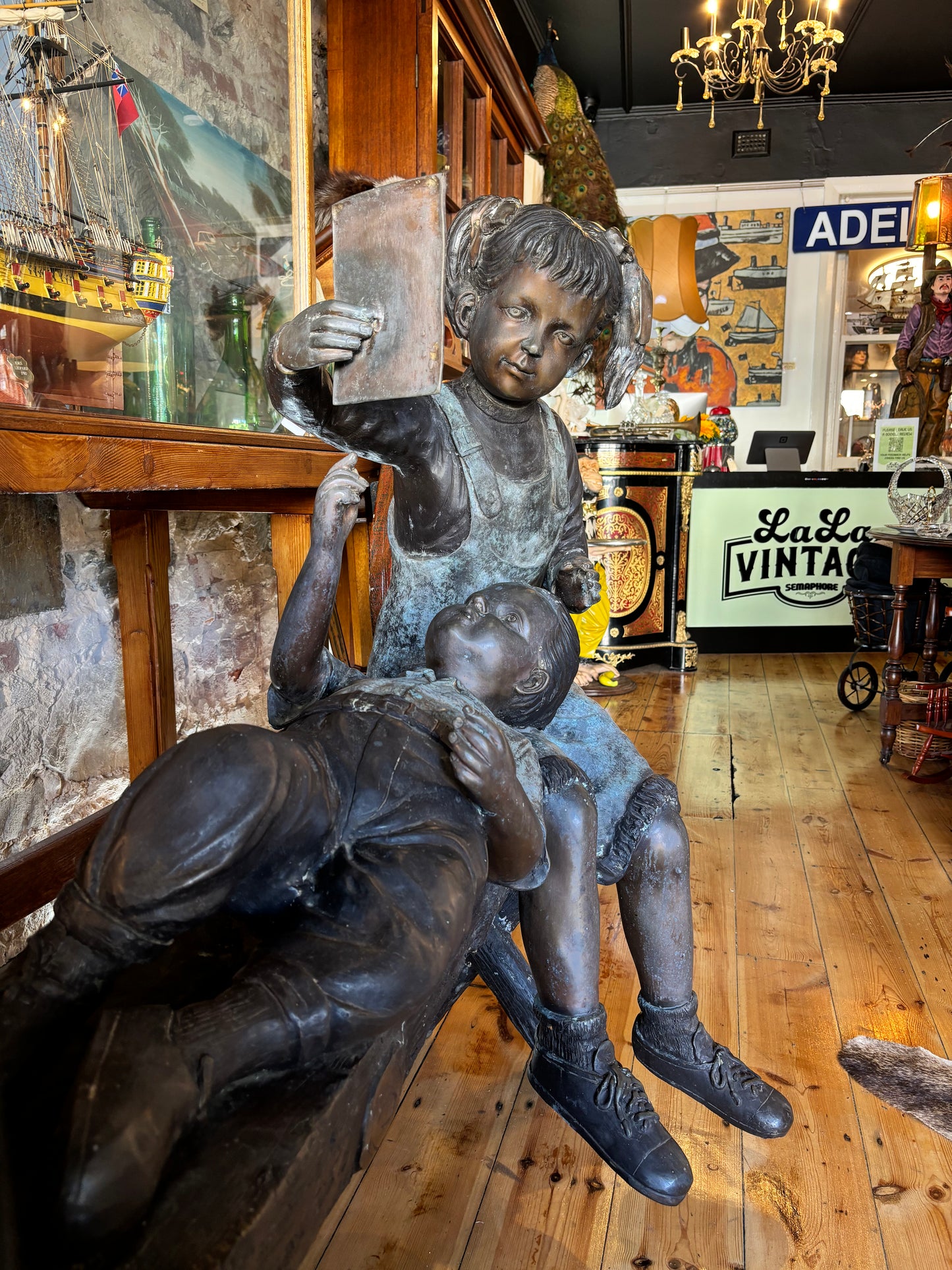 Life-size Bronze Statue Of Children On Bench