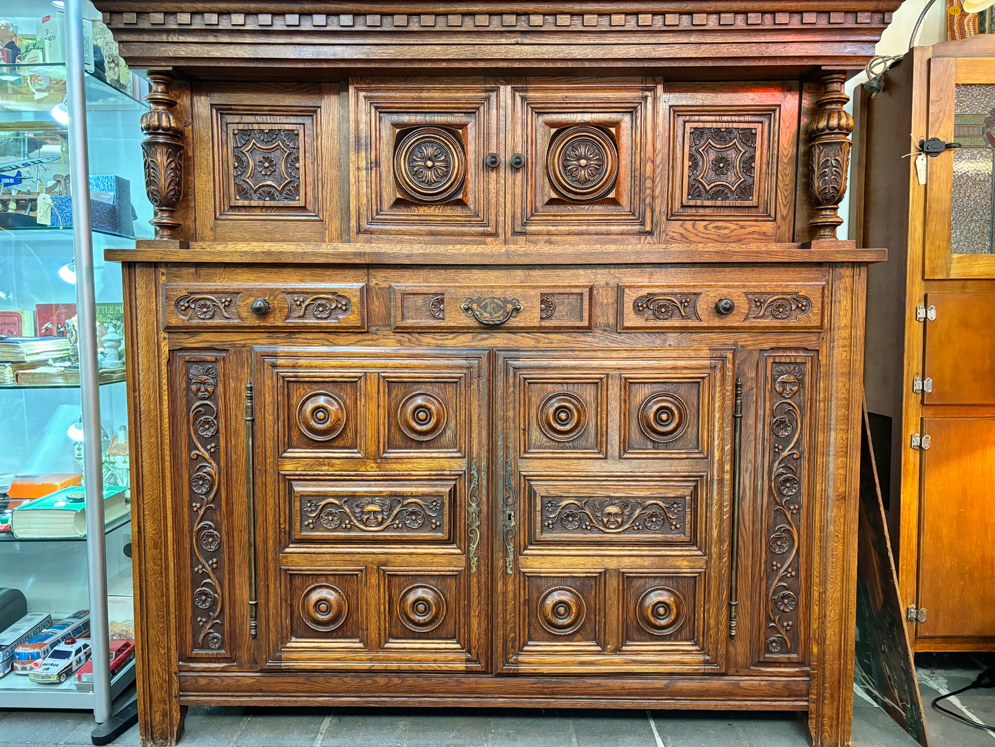 Renaissance Revival Carved Solid Oak Court Cupboard With Foliate And Rosette Carved Accents