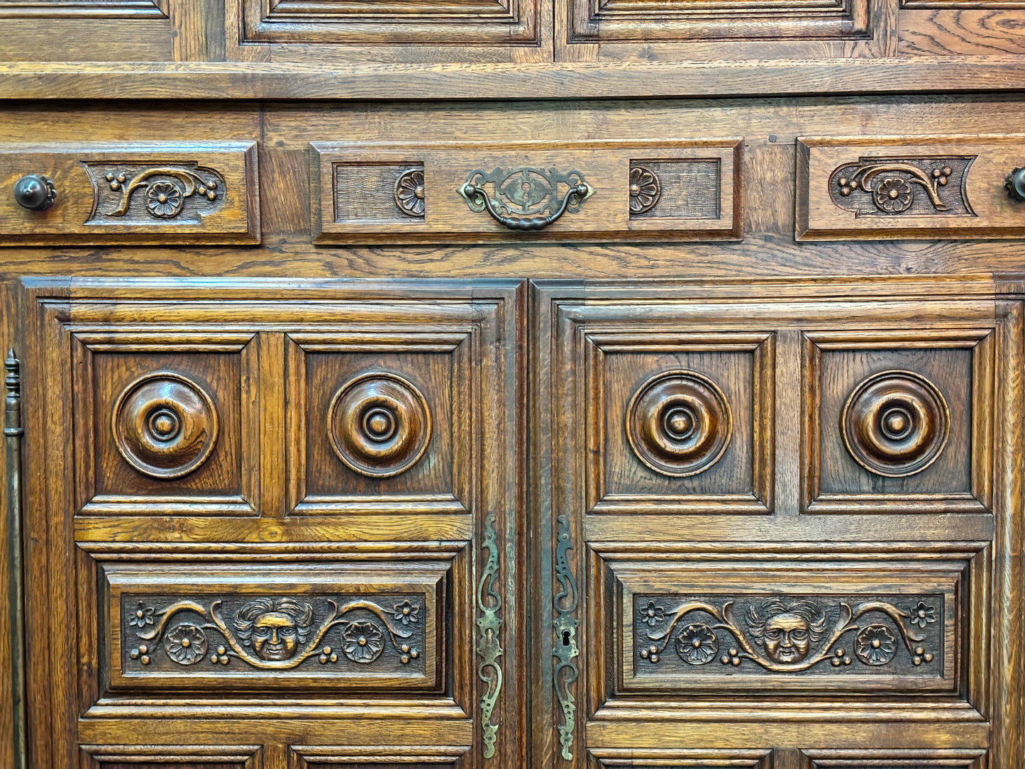 Renaissance Revival Carved Solid Oak Court Cupboard With Foliate And Rosette Carved Accents