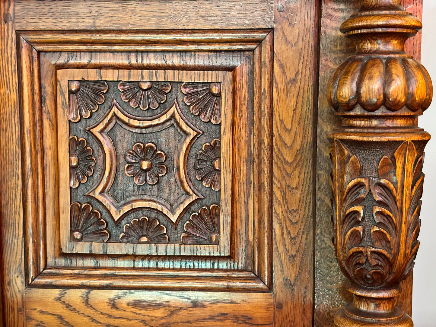 Renaissance Revival Carved Solid Oak Court Cupboard With Foliate And Rosette Carved Accents