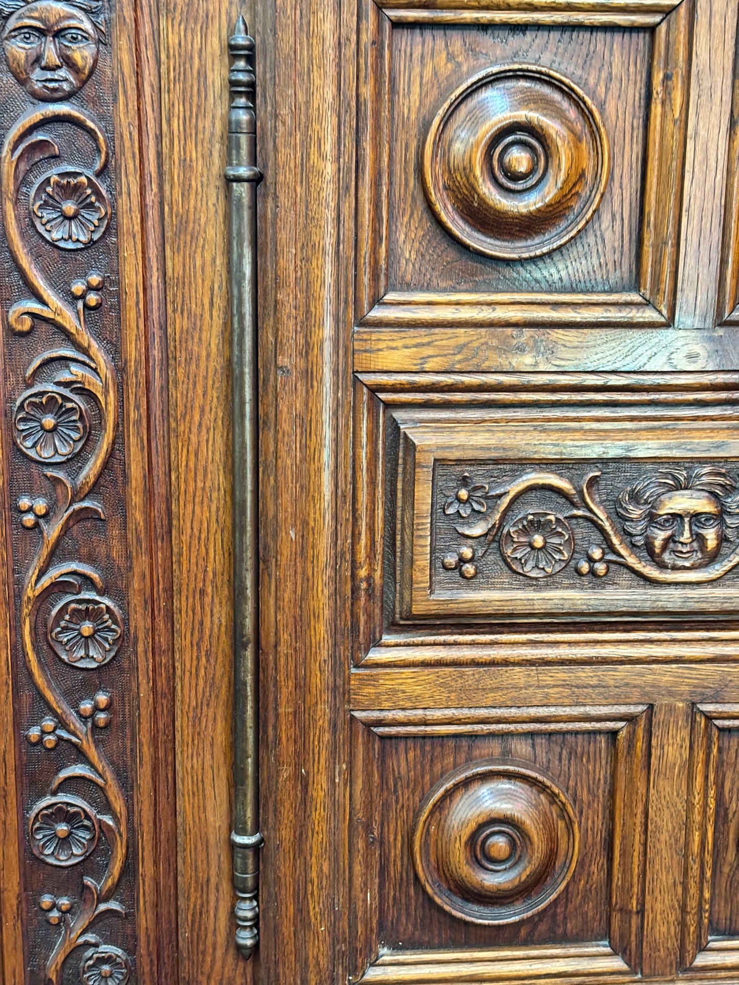 Renaissance Revival Carved Solid Oak Court Cupboard With Foliate And Rosette Carved Accents