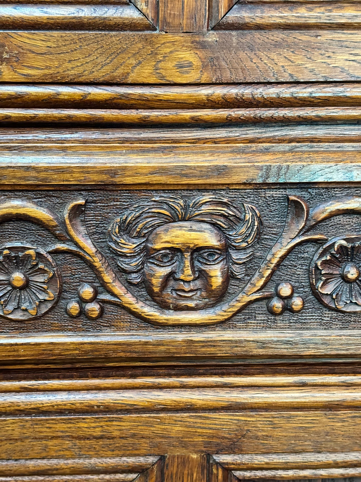 Renaissance Revival Carved Solid Oak Court Cupboard With Foliate And Rosette Carved Accents