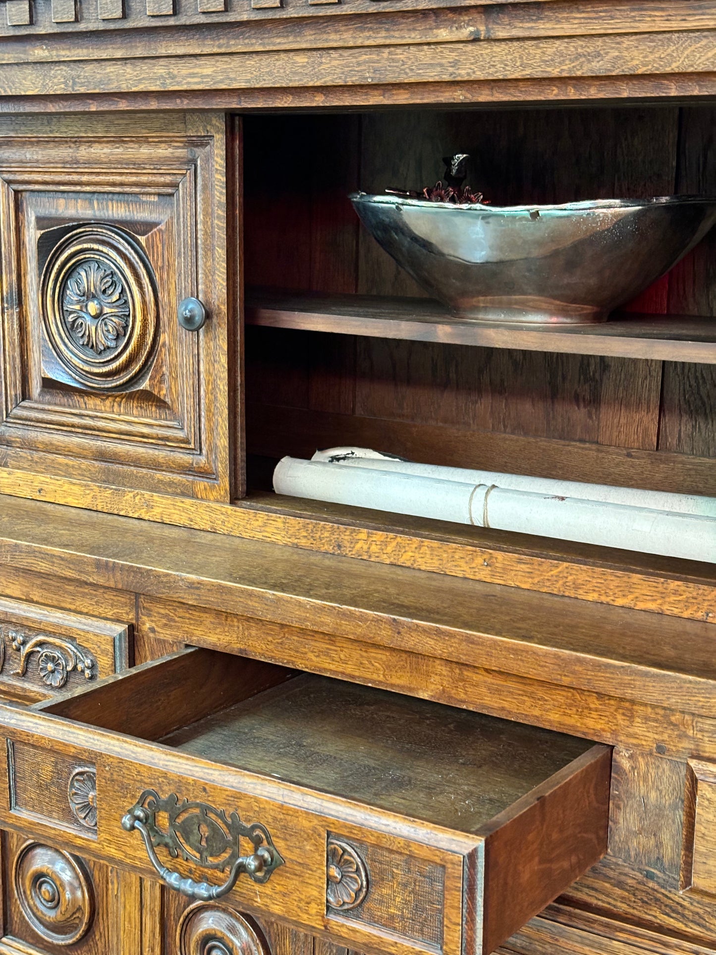 Renaissance Revival Carved Solid Oak Court Cupboard With Foliate And Rosette Carved Accents